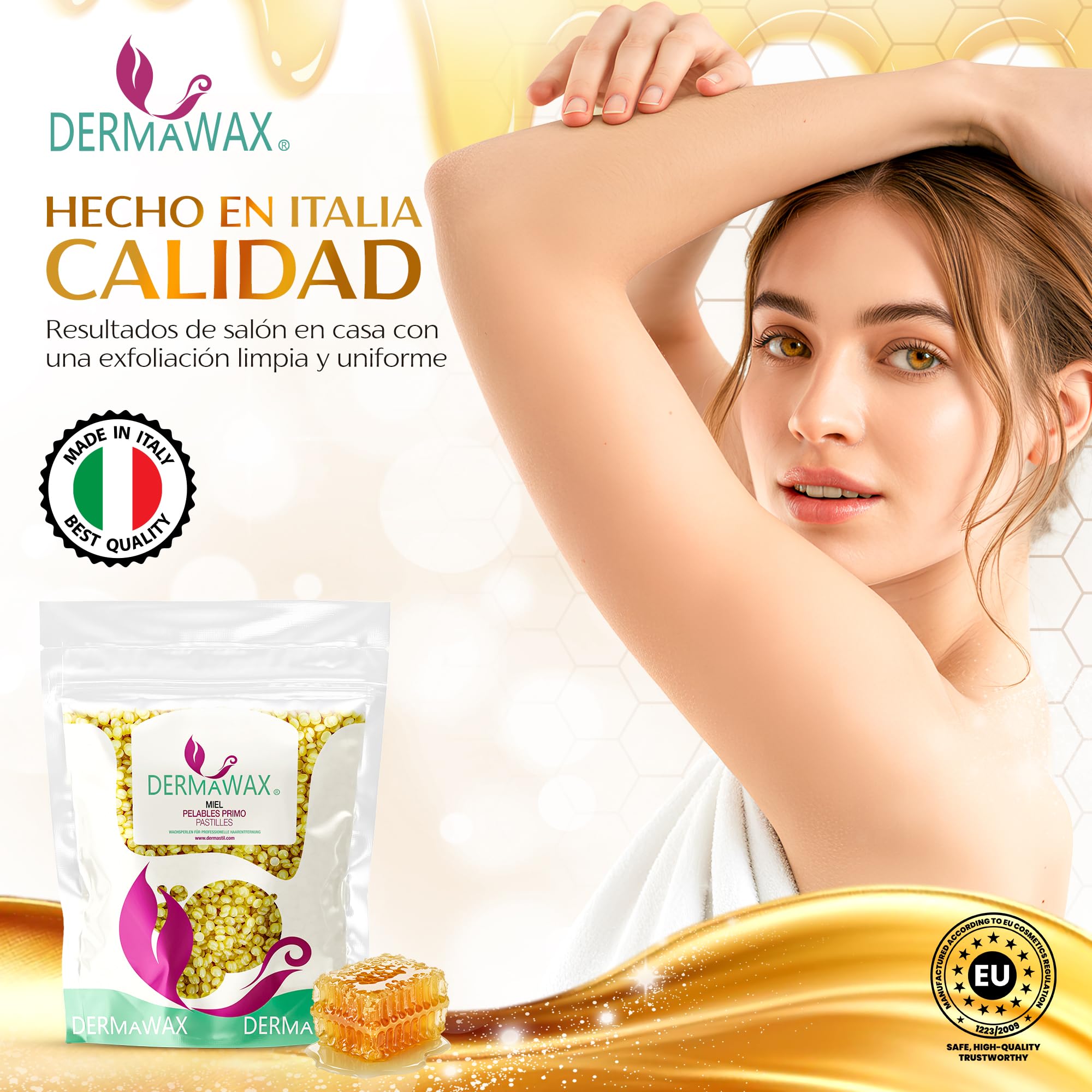 DERMAWAX Cera Depilatoria Profesional con Miel 1 kg – Para Mujeres y Hombres, Sin Bandas, Baja Temperatura, Depilación Facial, Corporal e Íntima – Made in Italy