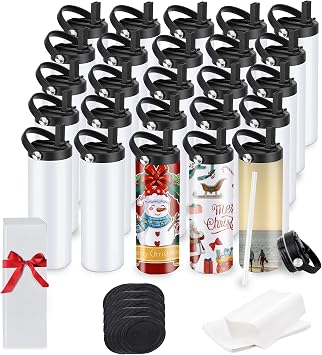 25 Pack Sublimation Tumblers Bulk With Flat Edge, Sublimation Tumbler Blank with Handle lid, Skinny Straight Stainless Steel Blanks Cups with Individual Box 25 PACK Straws Lids A