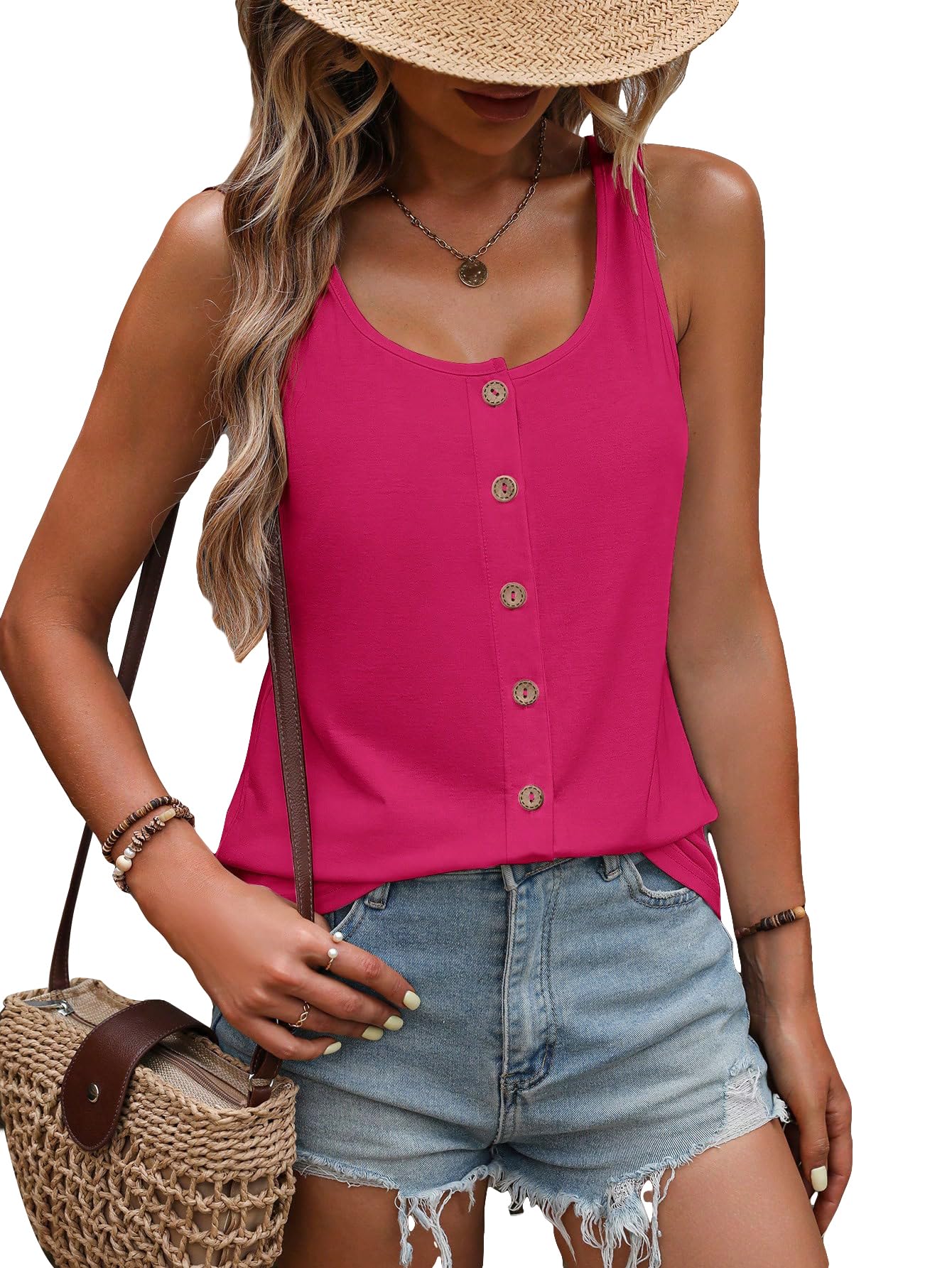 SweatyRocks Women's Scoop Neck Button Up Tank Top Casual Solid Sleeveless T Shirt
