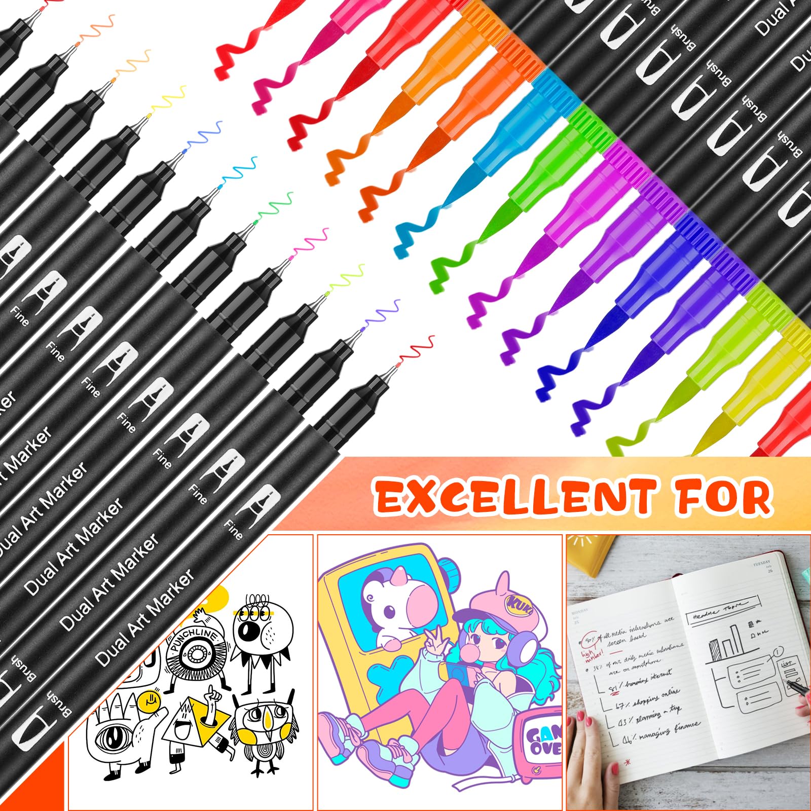 AFXXE Lettering markeerstiften, 120 kleuren, penseelstiften, dubbele punt, fijne punt, letterset voor meisjes, jongens, volwassenen, professionele aquarelstiften, inclusief 3 sjablonen