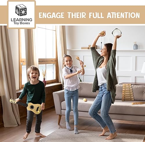 Miniatura 8 de Juguetes musicales de madera natural para niños de 1 a 3 años: Instrumentos musicales para niños, juego de 7 artículos, guitarra para niños,