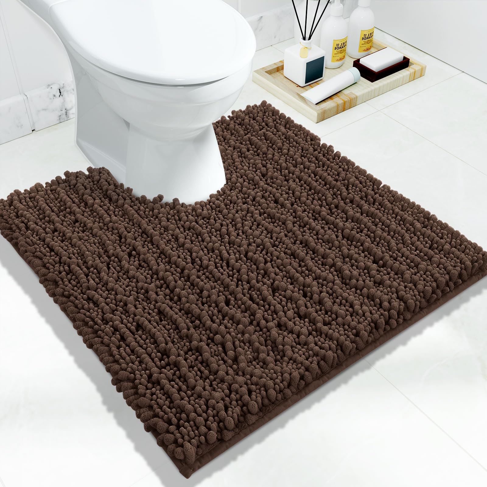 Yimobra Toilet Rug U Shaped Washable 24x24 Inch - Ultra Soft Absorbent Chenille Bath Rugs for Toilet, Quick Dry & Machine Washable, Non Slip Contour Bathroom Mat, Brown