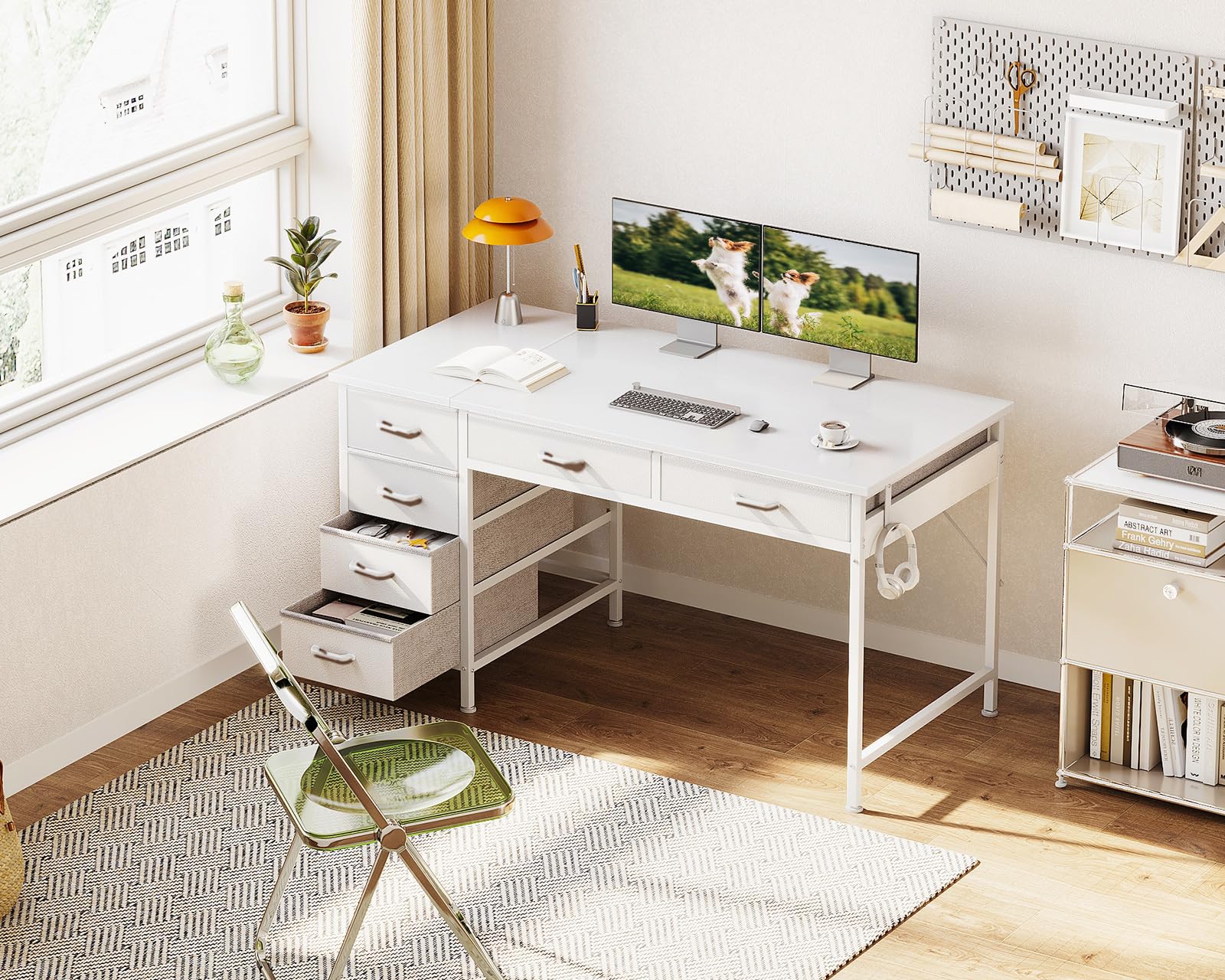 Coleshome Bureau Avec 8 Tiroirs En Tissu, 120x48cm Bureau Blanc Avec