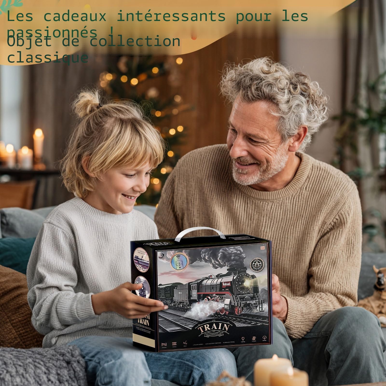 Train électrique télécommandé de Noël, Ensemble de Jouets avec 3 Sorties de fumée, lumière et Son, Locomotive, Wagons, télécommande et Rails, décoration sous Le Sapin, Cadeau pour Enfants dès 3 Ans