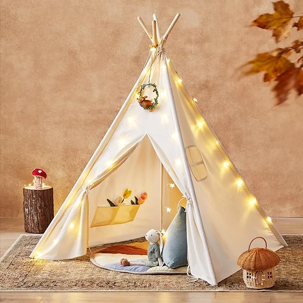 Tiny Land Teepee Tent for Kids with Star Lights, Foldable Play Tent for Girls & Boys, Washable Indoor Toddler Tent, Cozy Warm Reading Nook & Room Decor