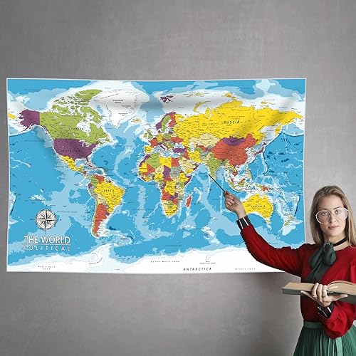 Miniatura 8 de PARTH IMPEX Gran mapa del mundo para pared, póster educativo de 36 x 56 pulgadas para aula, tapiz de tela lavable, suministros escolares estéticos,