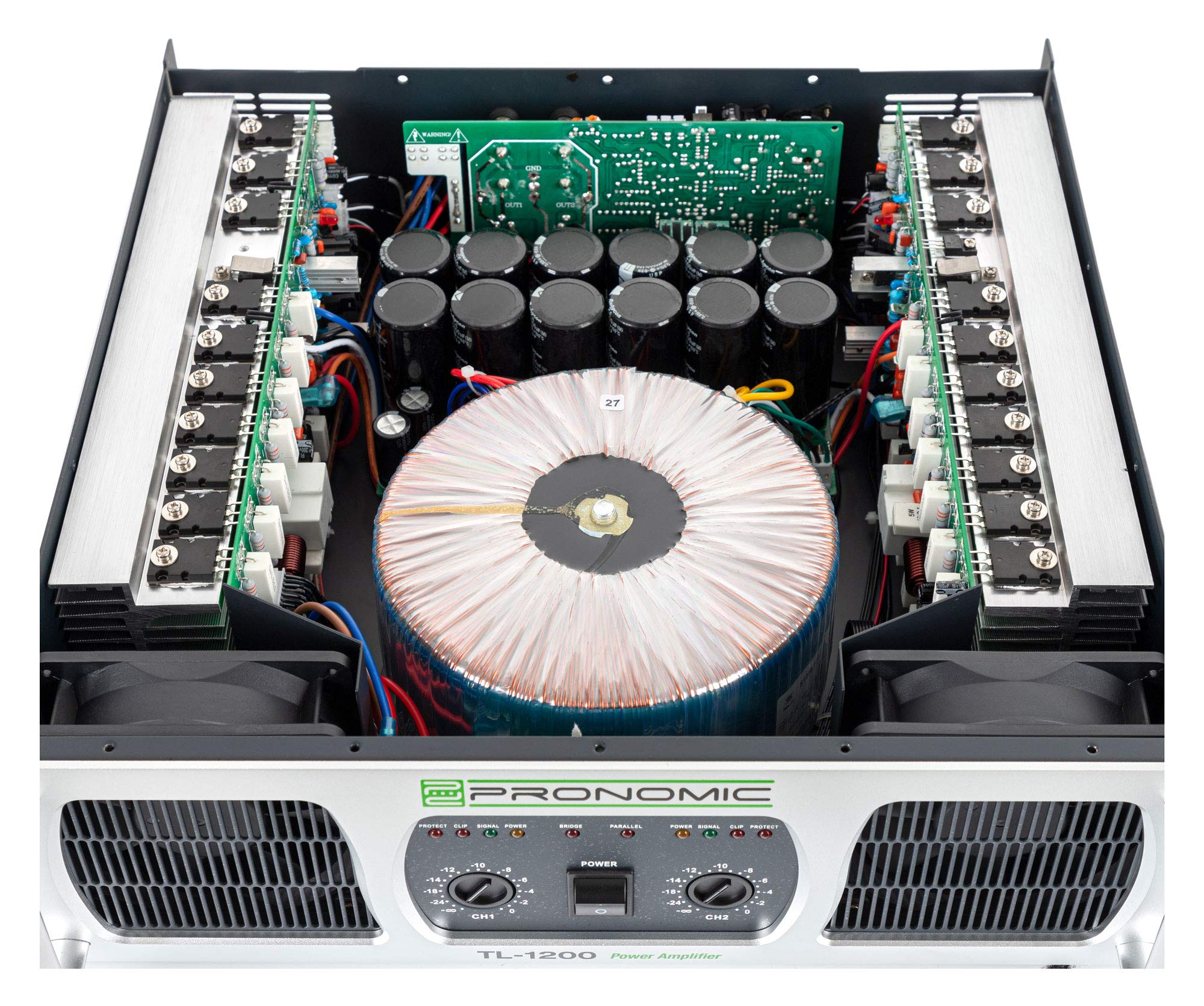 Pronomic TL-1200 Amplificador Estéreo 2x2400W a 2O, ventilador térmico, modos paralelo/estéreo/puente, protección y salida Clase H.
