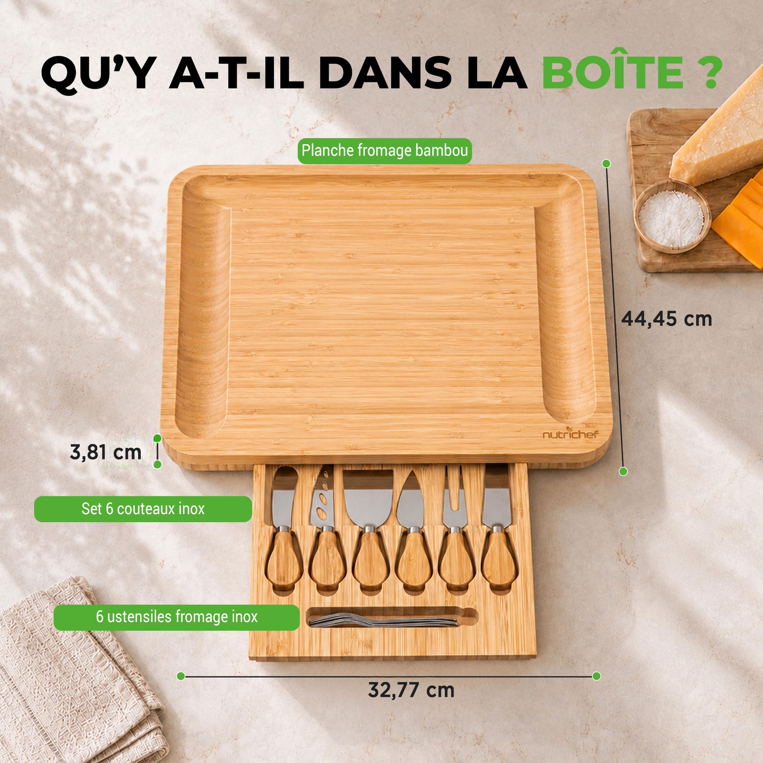 NutriChef Plateau à Fromage Bambou – Planche Apéro XL, 6 Couteaux Inox Bois
