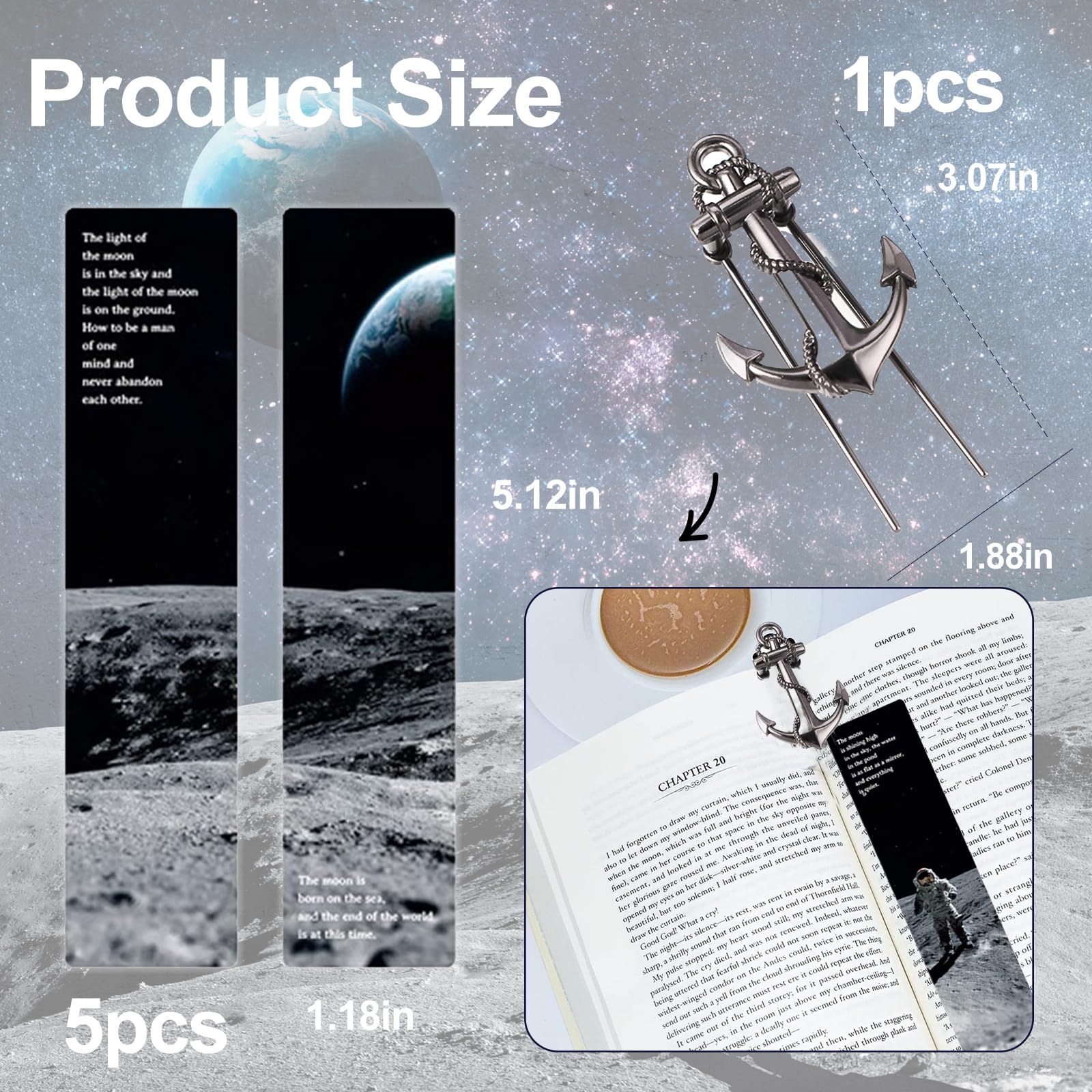 Eowppue 6 Pcs Exclusive Set of Book Page Holder Personalised Ship Metal Anchorl, Cosmic Moonwalk Design Bookmarks - Image 2