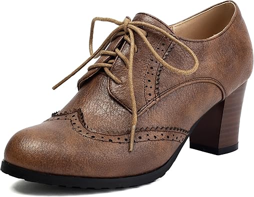 BEAUPAS Womens Oxford Pumps Wingtip Lace-up High Heel Shoes Stacked Block Heel