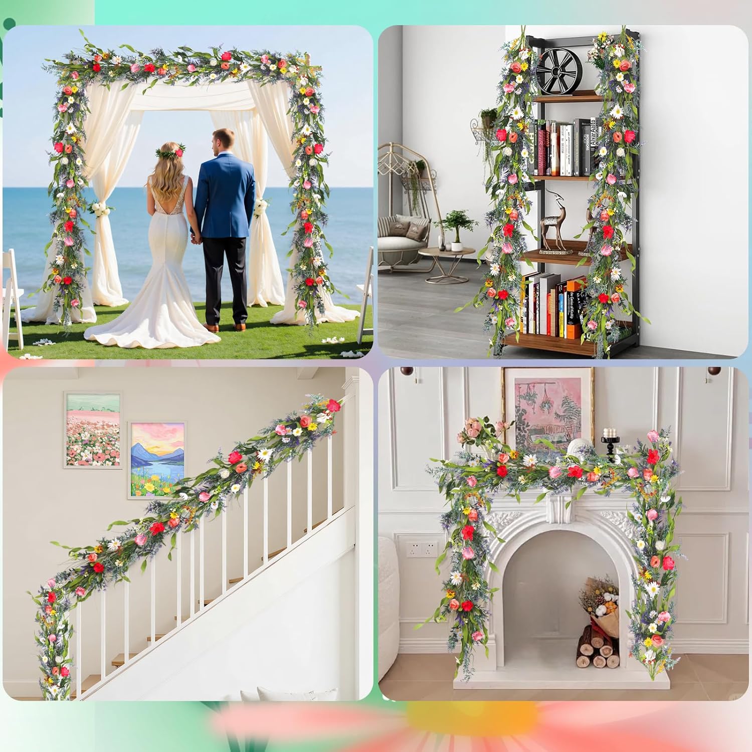 Wild Flowers Garland for Mantle, 6Ft Artificial Spring Garland for Table Centerpiece All Year Round Home Decor,Gorgeous Summer Garland for Indoor Outdoor Farmhouse Wedding Staircase Floral Decor.