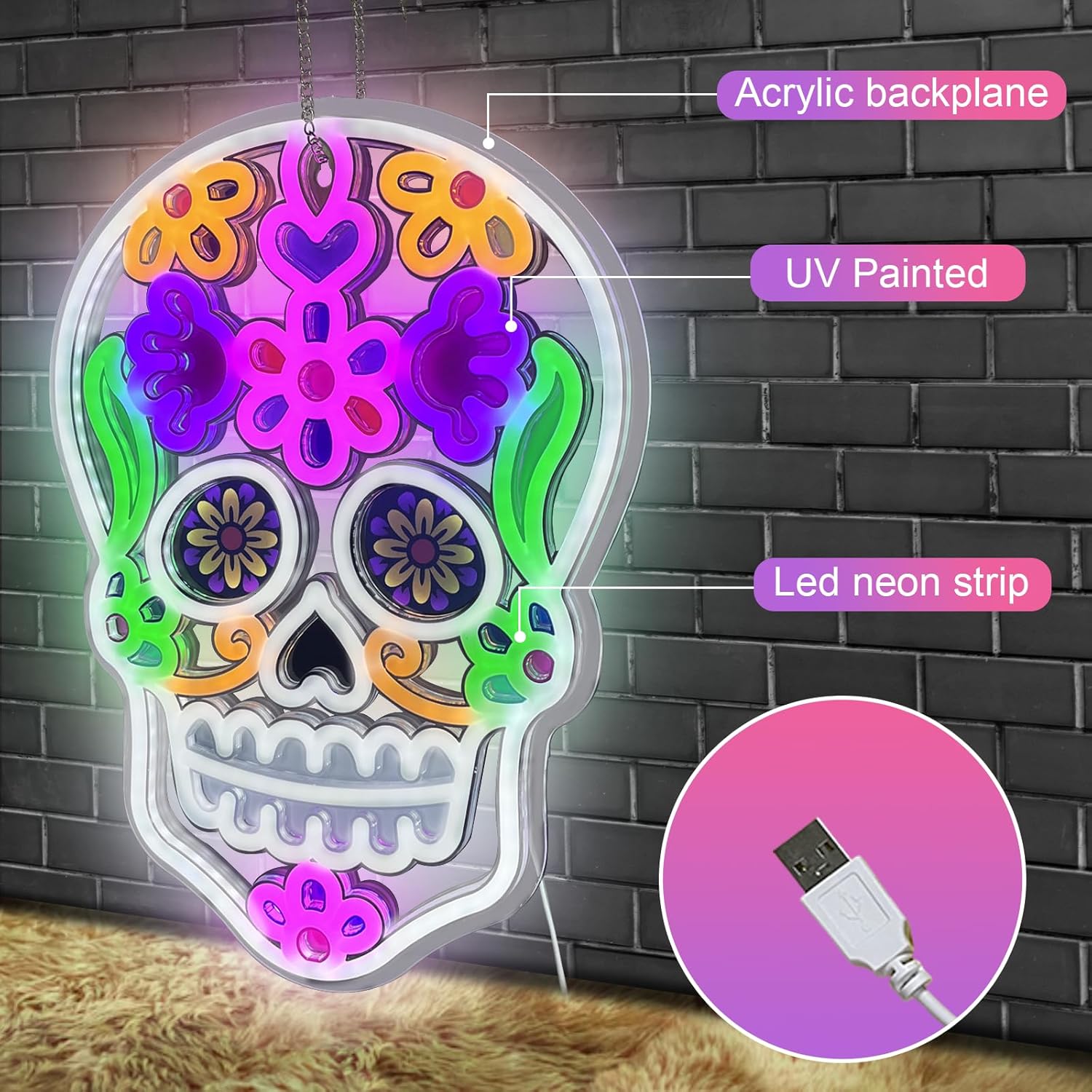 Day of the Dead Neon Sign - Mexican Sugar Skull LED Neon Light for Home & Bar Decor,Halloween & Día de Muertos Party Decoration - Image 4