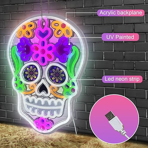 Miniatura 4 de Letrero de neón del Día de los Muertos, decoración de Halloween, letrero LED de calavera para decoración de pared, letrero de neón de fiesta para