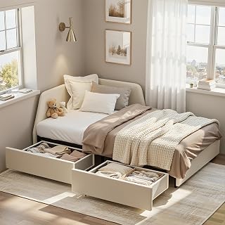 LIKIMIO Twin Corner Daybed with Storage Drawers, Upholstered Headboard & Safety Rail - Modern 2-in-1 Bed/Sofa for Small Spaces & Teen Rooms