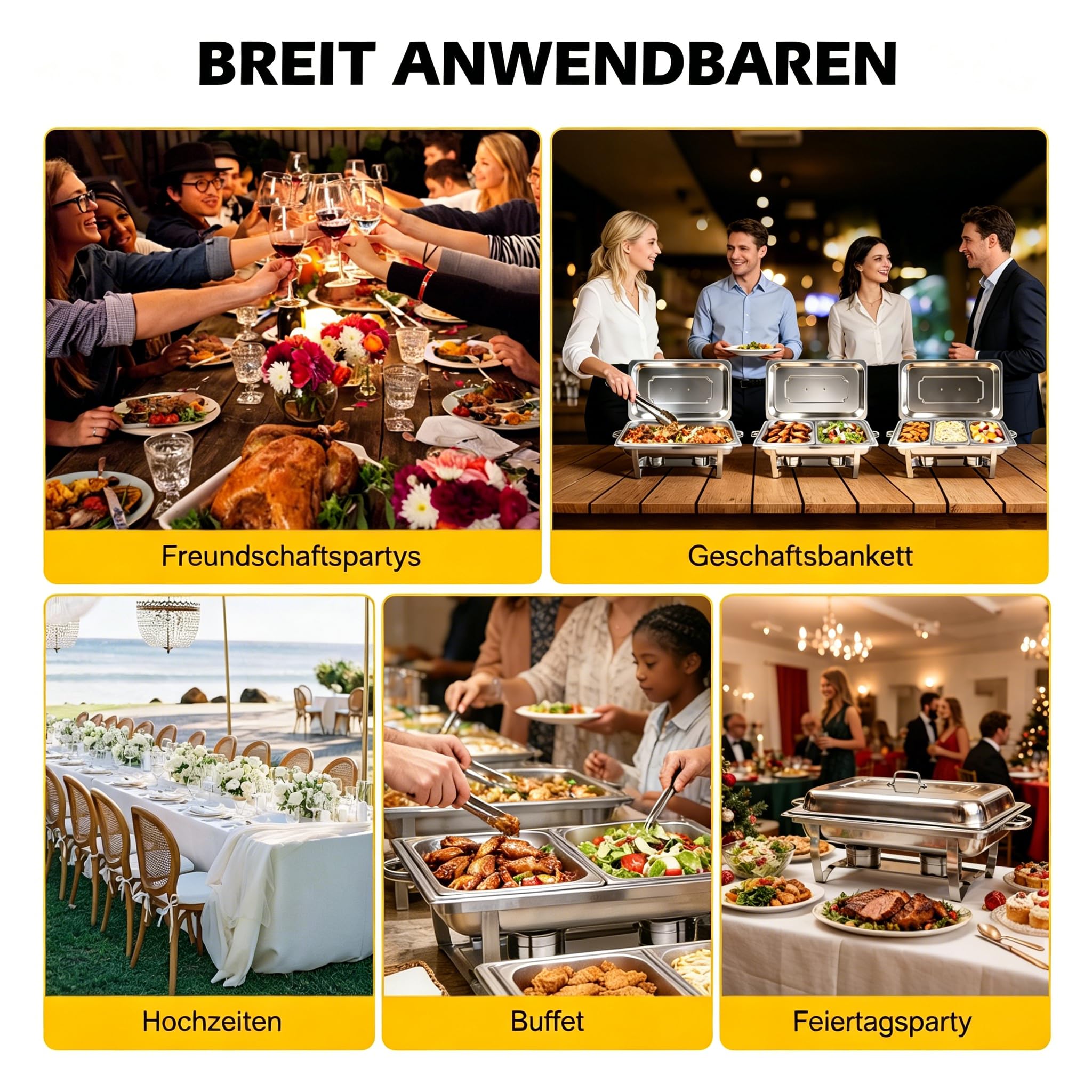 Chafing Dishes für Buffet 9 QT 4er Pack 7 Behälter, [Behälter in verschiedenen Größen] Catering-Chafing-Dish mit Deckeln, Behältern und Brennstoffhaltern – Buffet-Wärmer [Robust und langlebig] für Par