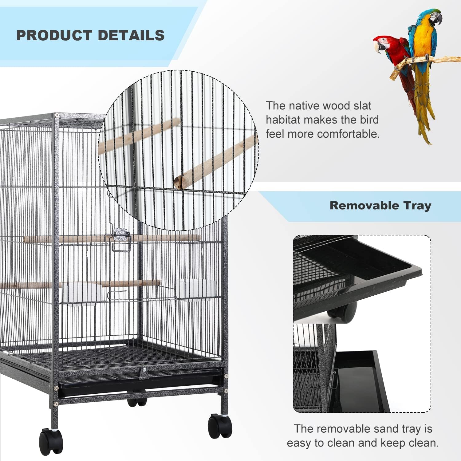 Bird Cage 35 Inch Wrought Iron Birdcages Play Top Flight King Bird Cage for Parakeets Cockatiels Parrot Green Cheek Conures Pigeons Lovebird with Rolling Stand
