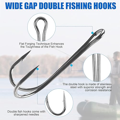Miniatura 2 de OROOTL Ganchos de pesca dobles, 50 ganchos clásicos de rana de acero de alto carbono, doble gancho de pesca de púas con vástago abierto para agua