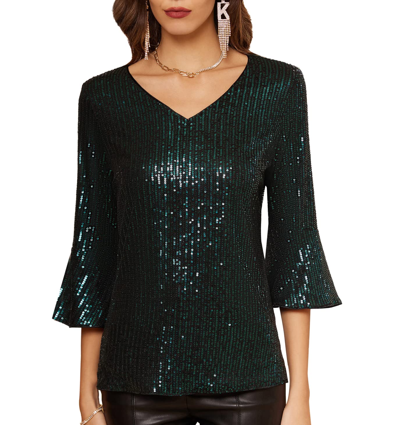 GRACE KARIN Top de lentejuelas para mujer, cuello en V, elegante, parte superior con purpurina, CL1559