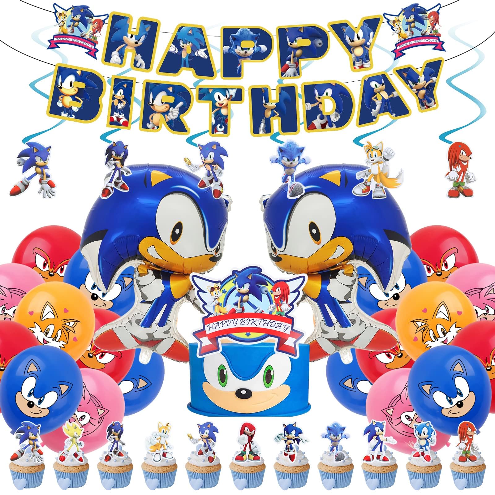 Cartoon Birthday Party Decorations, Reusable Party Latex Balloon Happy Birthday Banner Cake Topper Large Aluminum Film Balloon, Cupcake Toppers for Kids Adult Decor