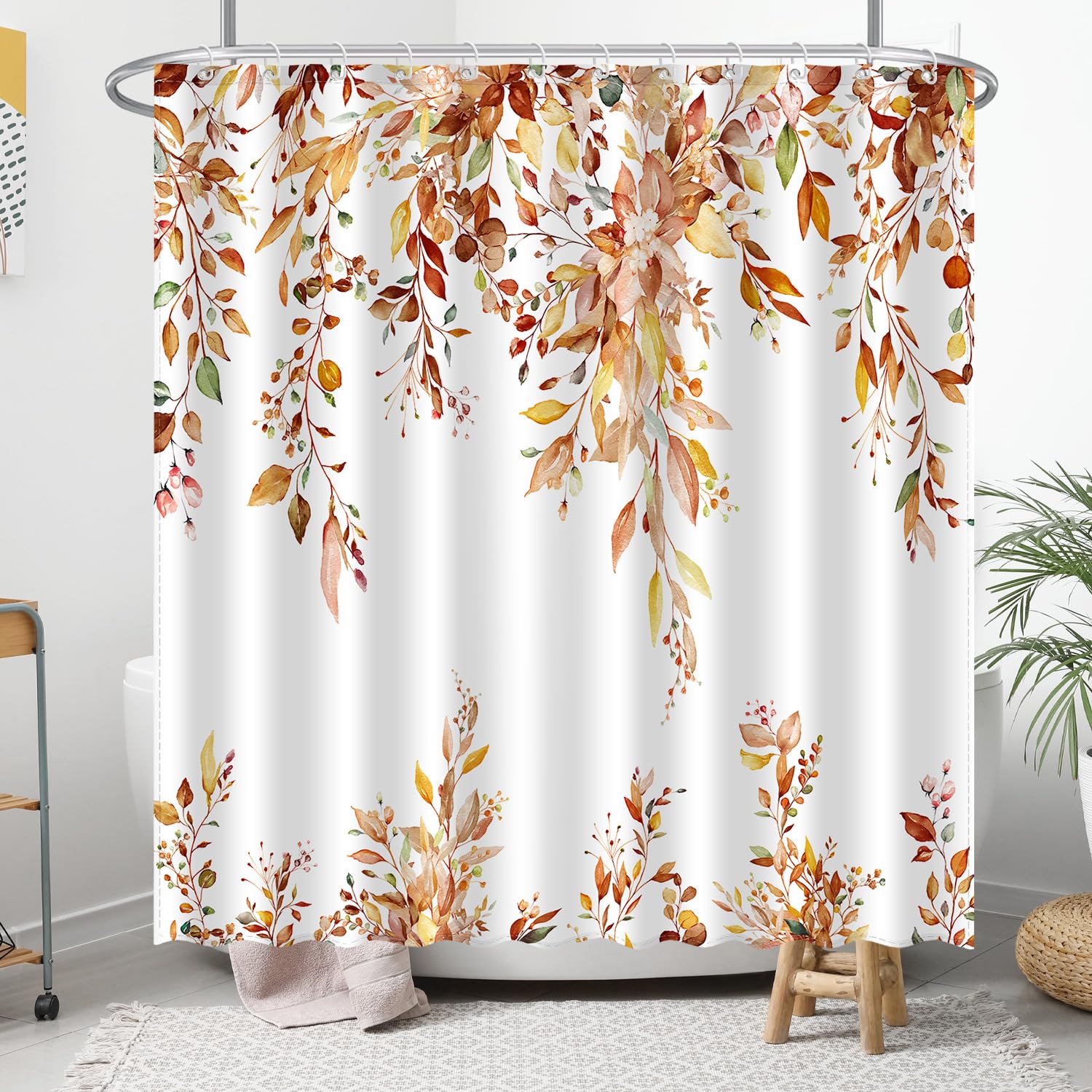 Fall Eucalyptus Leaves Shower Curtain, Autumn Aesthetic Art Watercolor Plant Leaf with Floral Bathroom Decor, Waterproof Fabric Cloth Bath Curtain Set with Hooks (Brown-Orange, 72" W x 72" L)