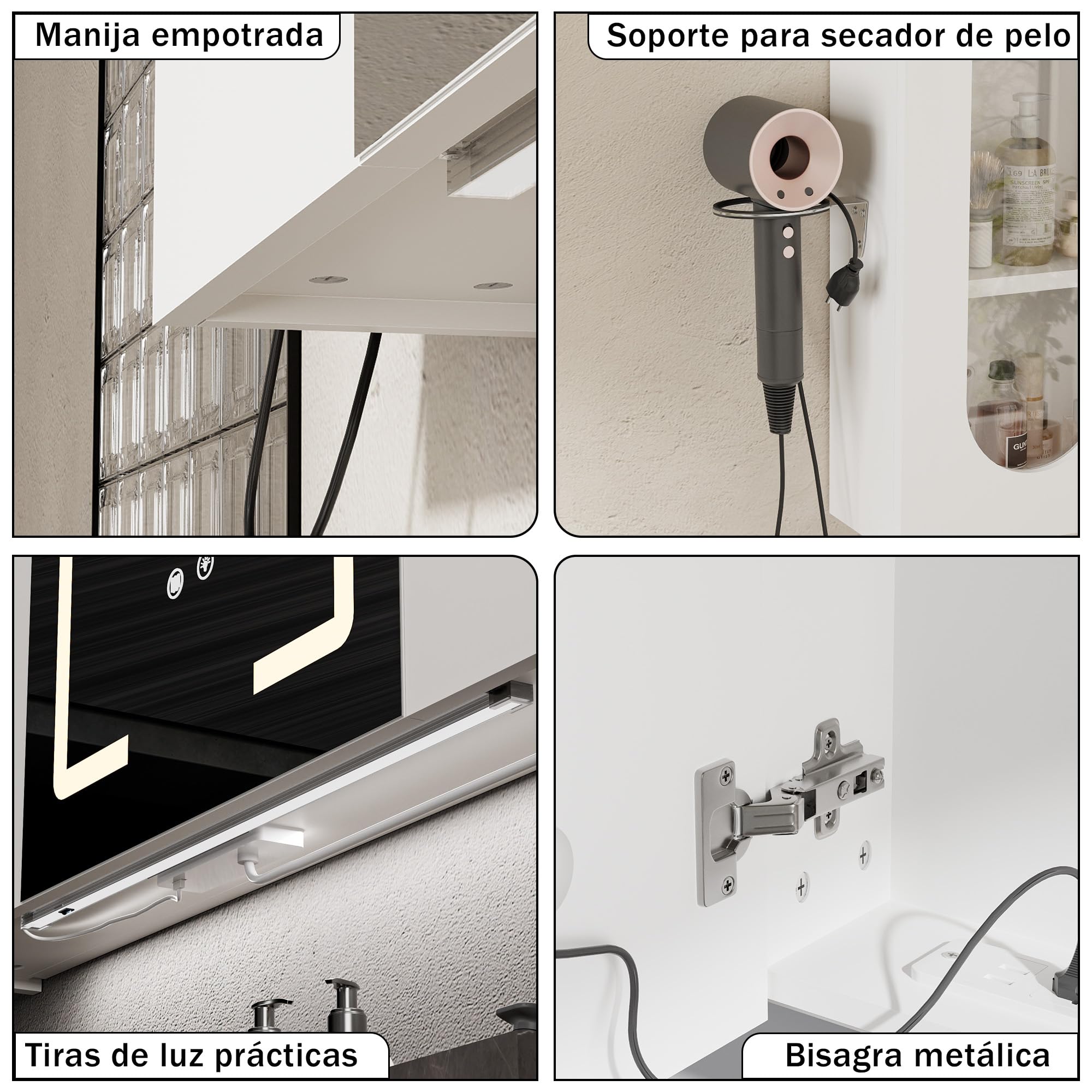 Armario Baño con Espejo LED iluminación y Función de desempañadora Armario Baño Espejo de Pared con Enchufe, 3 Compartimentos Grandes y Soporte para secador de Pelo, 100x65x16 cm