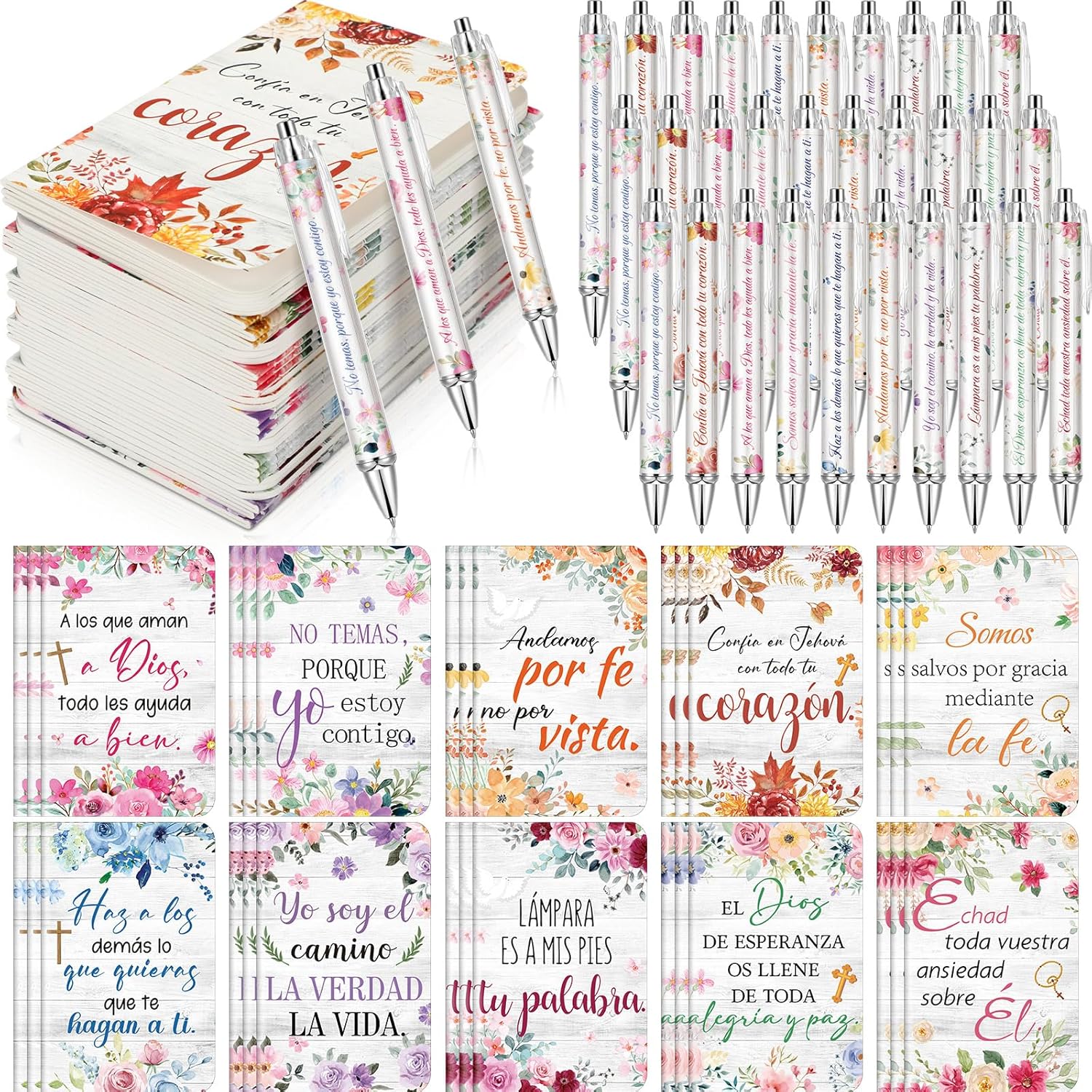 Sayglossy 60 Set Spanish Christian Gift for Women Bible Verse Notebook Easter Religious Ballpoint Pen Floral Motivational Scripture Regalos Cristianos Para Mujer En Español Church Sundy School