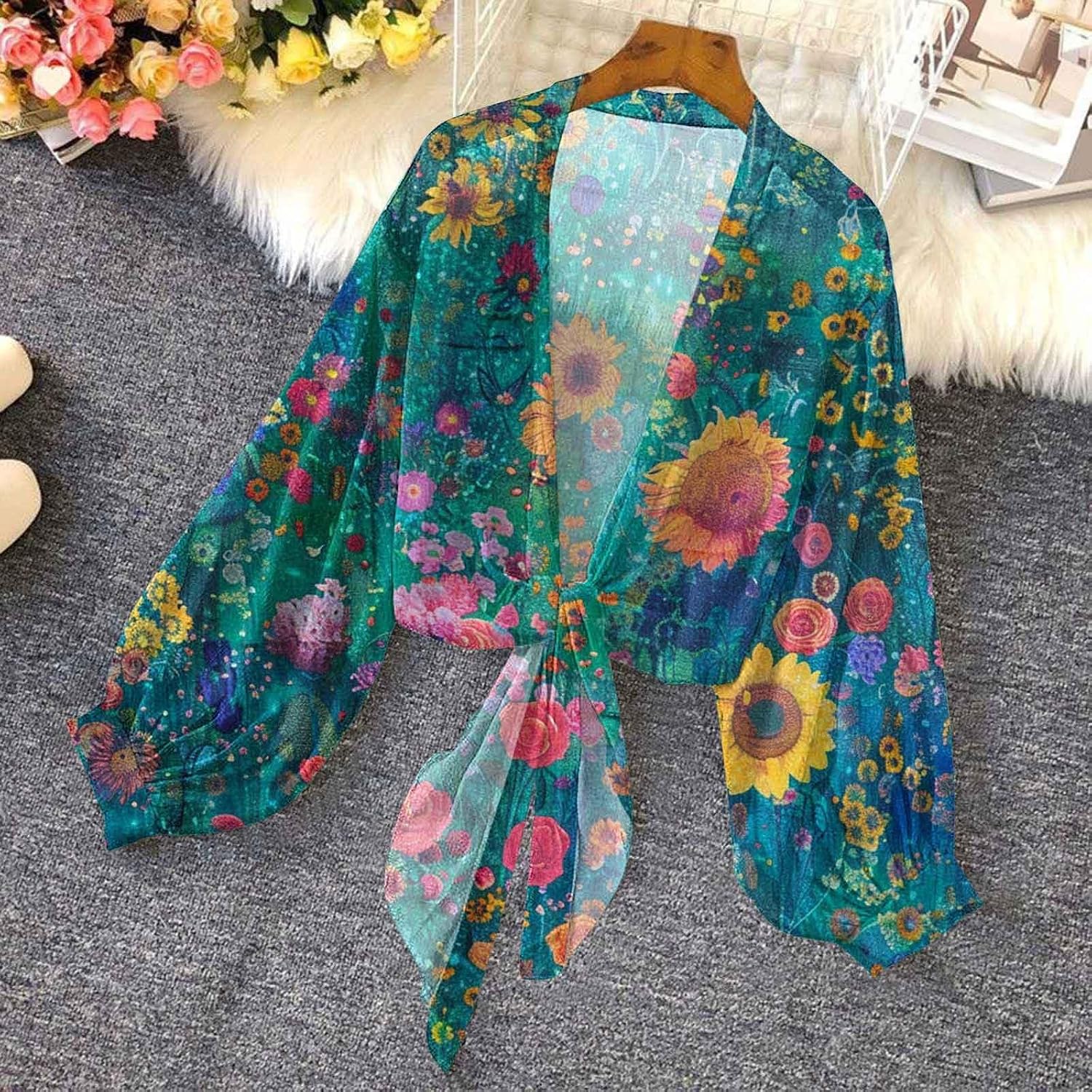 Womens Sheer Cardigan Tie Front Long Sleeve Shirts Cropped Bolero Shrug Summer Tops for Women Chiffon Blouse