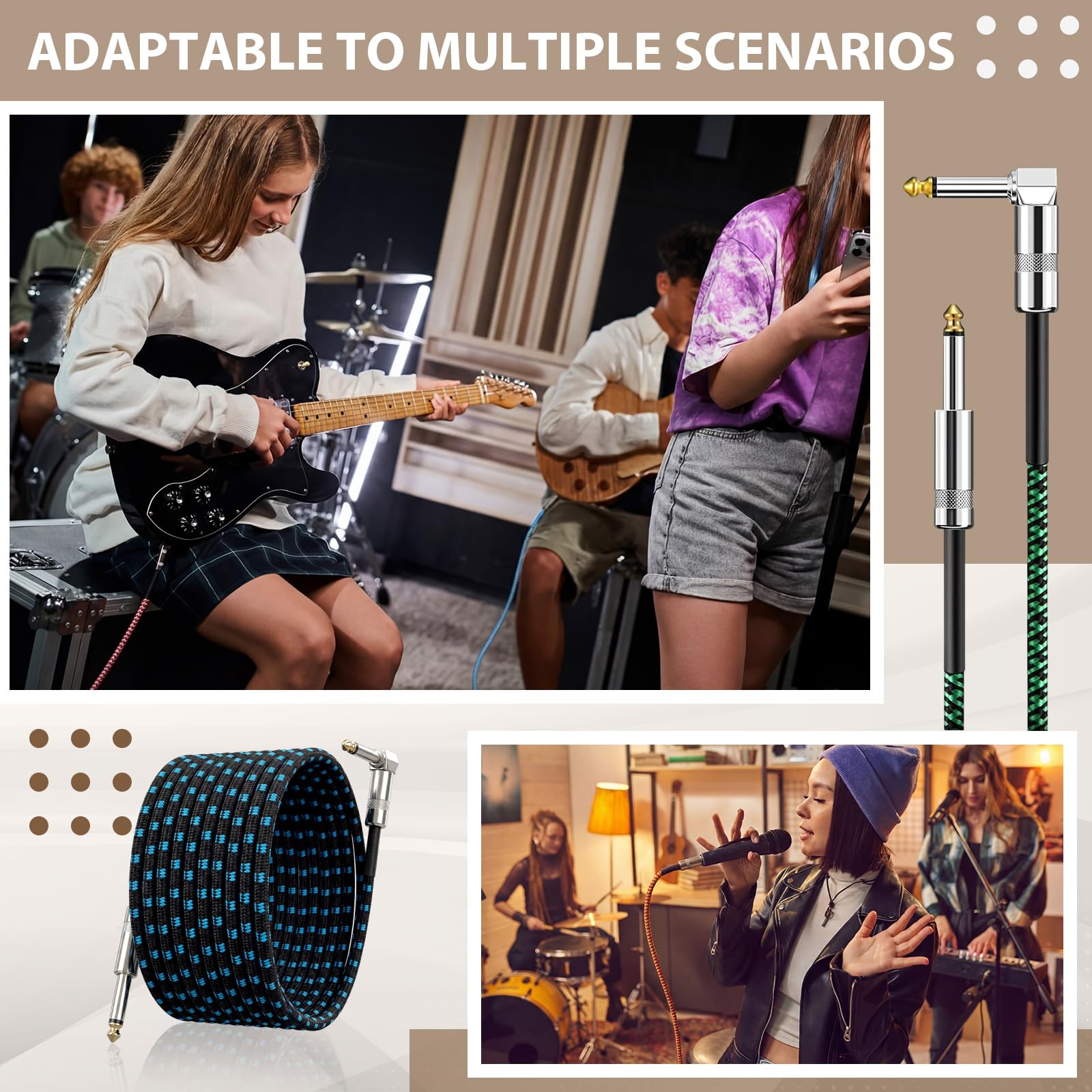 Paquete de 8 cables de instrumento de guitarra de 20 pies, TS recto a recto, cable de cobre profesional para guitarra eléctrica, bajo, teclado, amplificador, mezclador, audio profesional