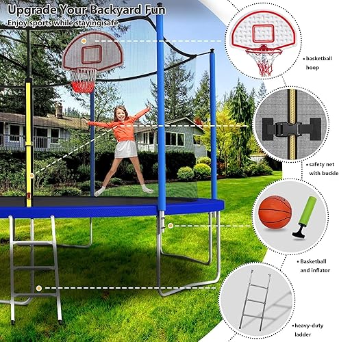 Miniatura 9 de Lyromix Trampolín de 12, 14, 15, 16 pies para niños y adultos, trampolines al aire libre con postes curvos, trampolín de calabaza con rociador,