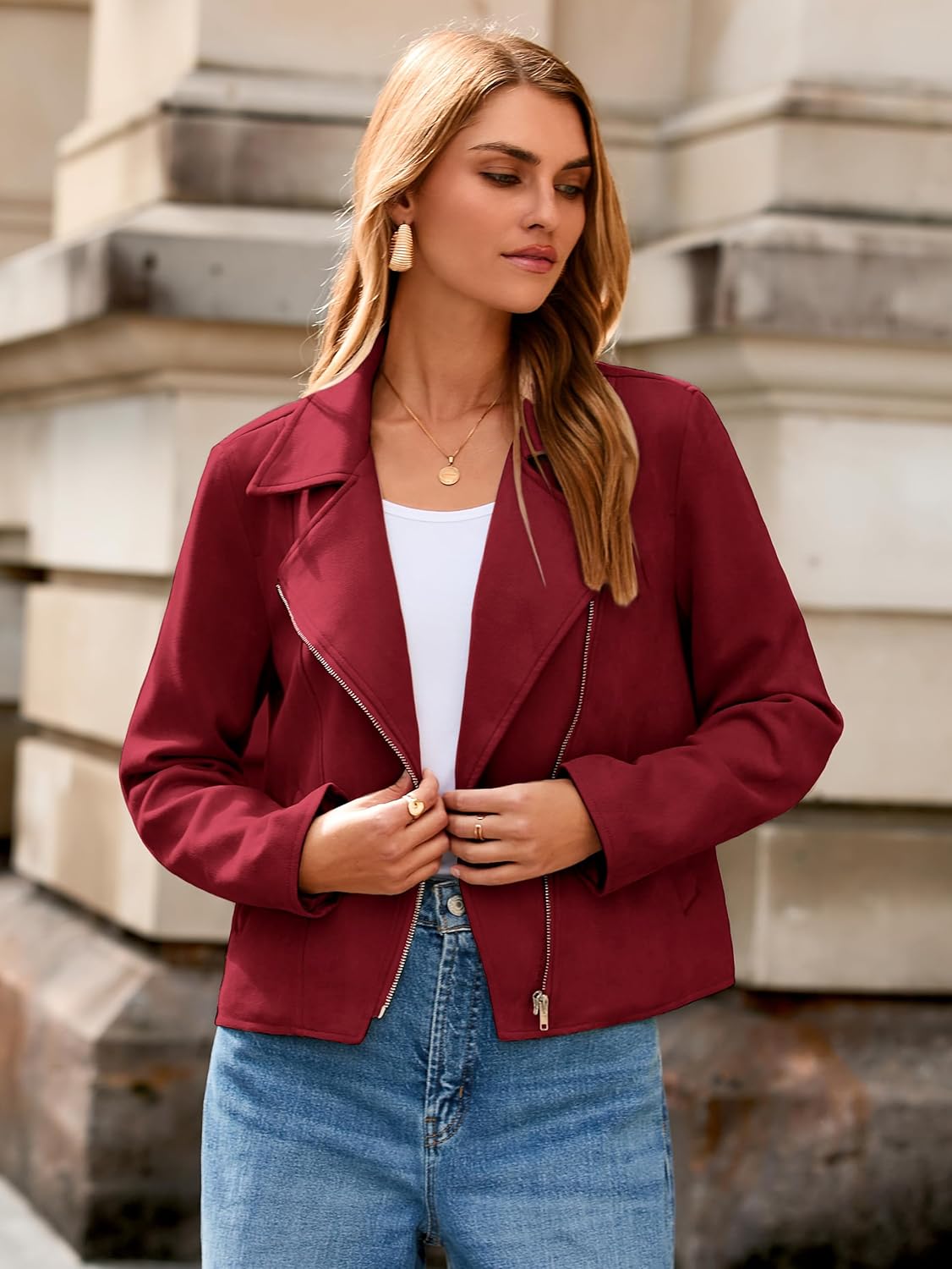 Glamaker Womens Faux Suede Jackets Long Sleeve Casual Cropped Zipper Biker Moto Jacket Fall Winter Outfits - Image 2