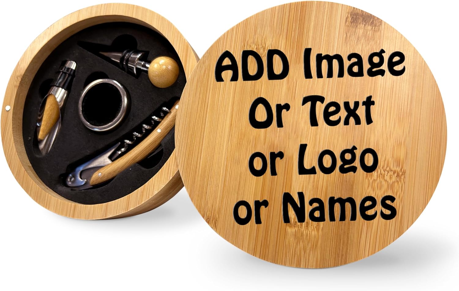 SpreadPassion Personalised Bamboo Wine Bottle Opener Tool Set, Add Your Custom Text, Image, Logo, Create Your Own Personalized 4 piece Wine Tool Box, Father's Day Birthday Christmas Gift Idea For Men