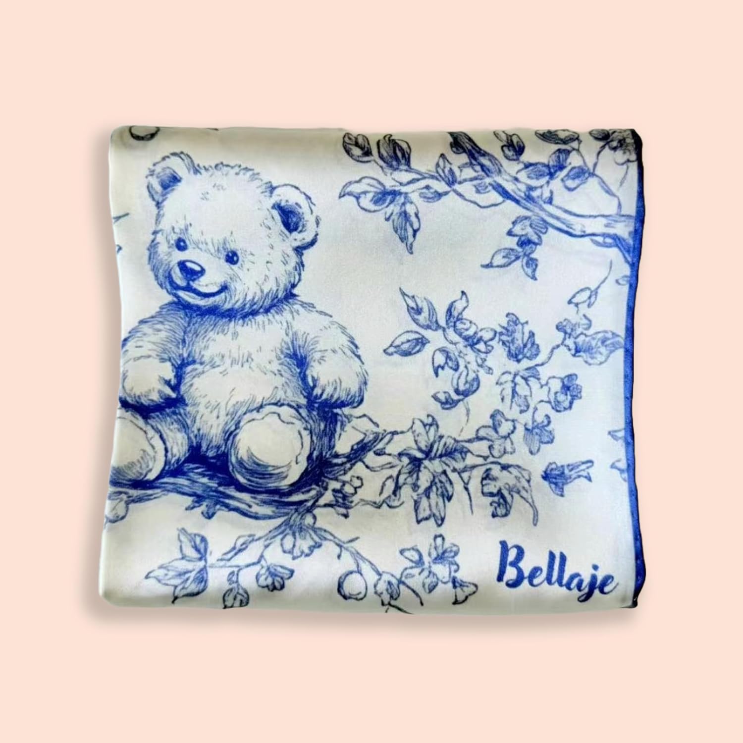 100% Silk Square Scarf - Baby Teddy Bears 27x27"/70x70cm, Mulberry Satin Silk Bandana with Hand-rolled Edges, Blue Scarf, Gift for her/him