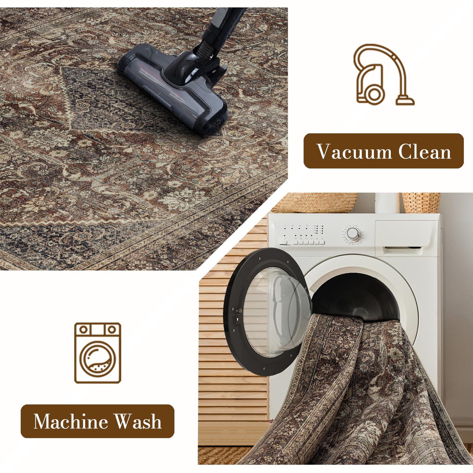 Tapis Bohème Domitapis - Poils Courts Lavable - Antidérapant - Ivoire/Rouge