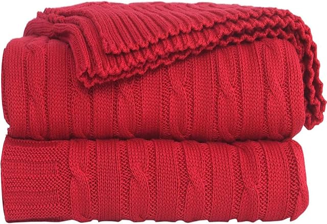 JSHANMEI Cable Knit Throw Blanket Ultra Warm Soft Lightweight Sofa Throw Multi-Color Bed Blanket Cozy Throw Blanket,130x180cm(Red)