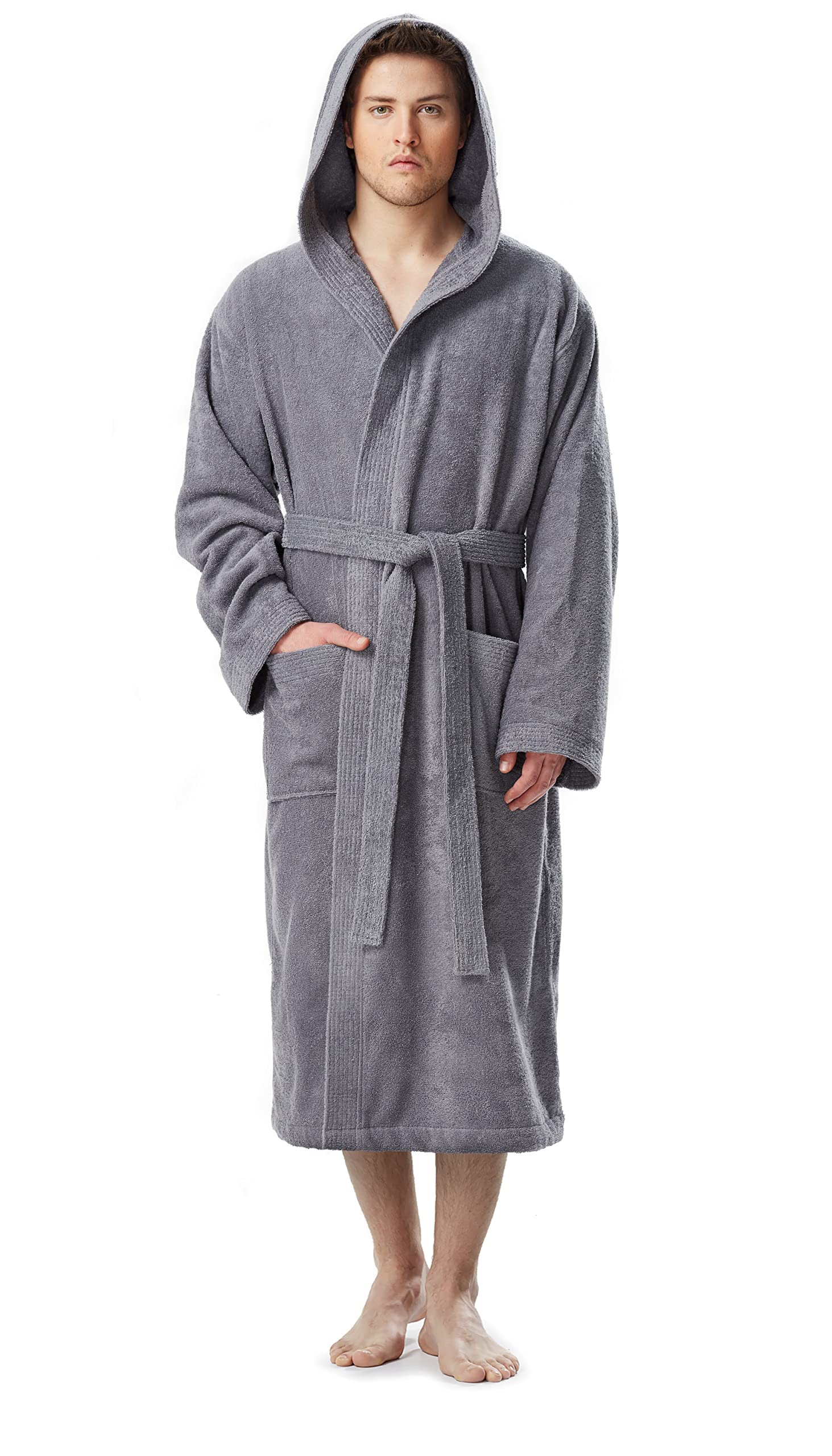 Arus Men's bathrobe with hood, 100% cotton terry, calf-length, XXL-3XL, Grey