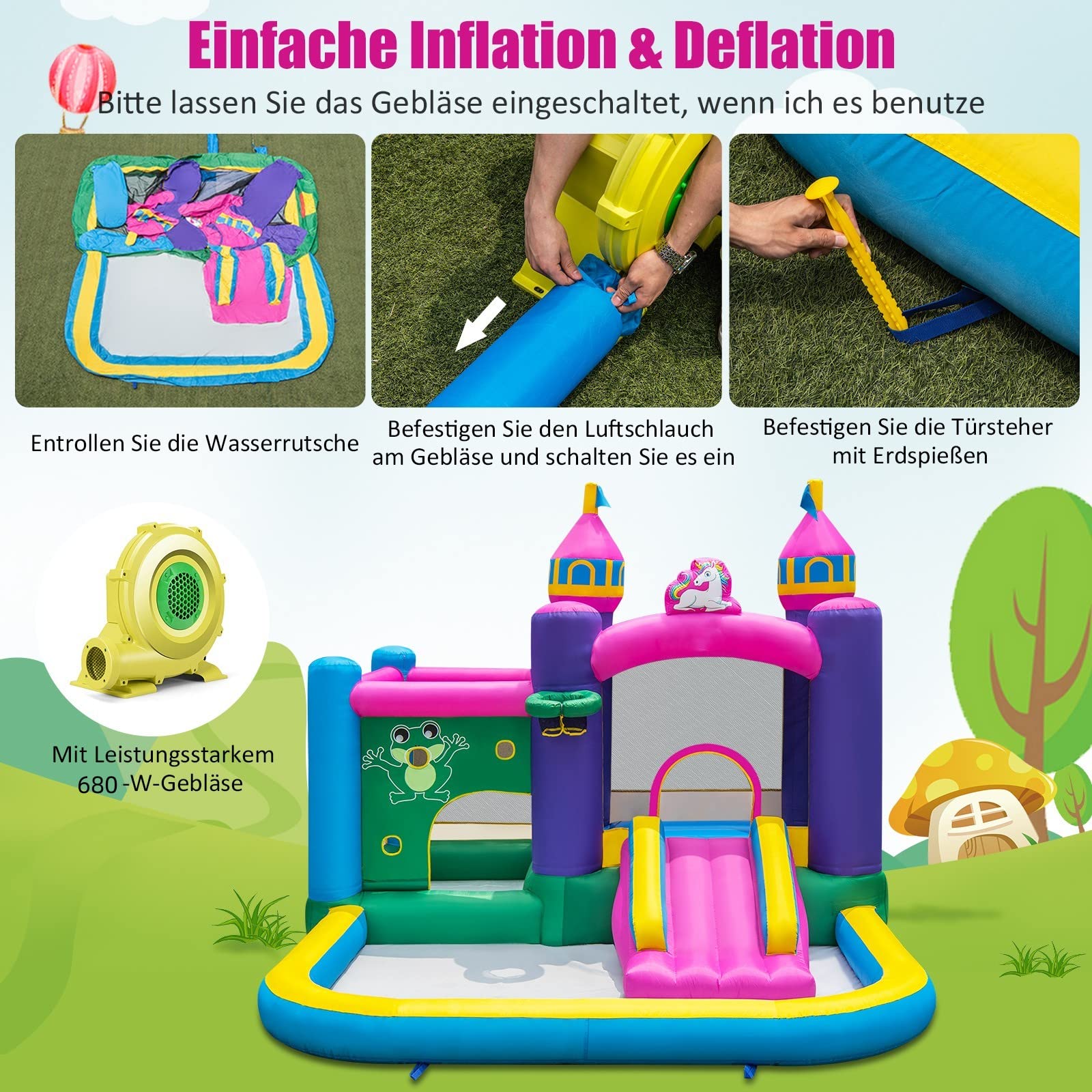 DREAMADE Einhorn Aufblasbare Hüpfburg mit 680 W Gebläse, Wasserpark mit Planschbecken & Rutsche & Springbereich, Spielburg mit Reparaturset & Tragetasche, Hüpfschloss 390 X 330 X 270 cm (mit Gebläse)