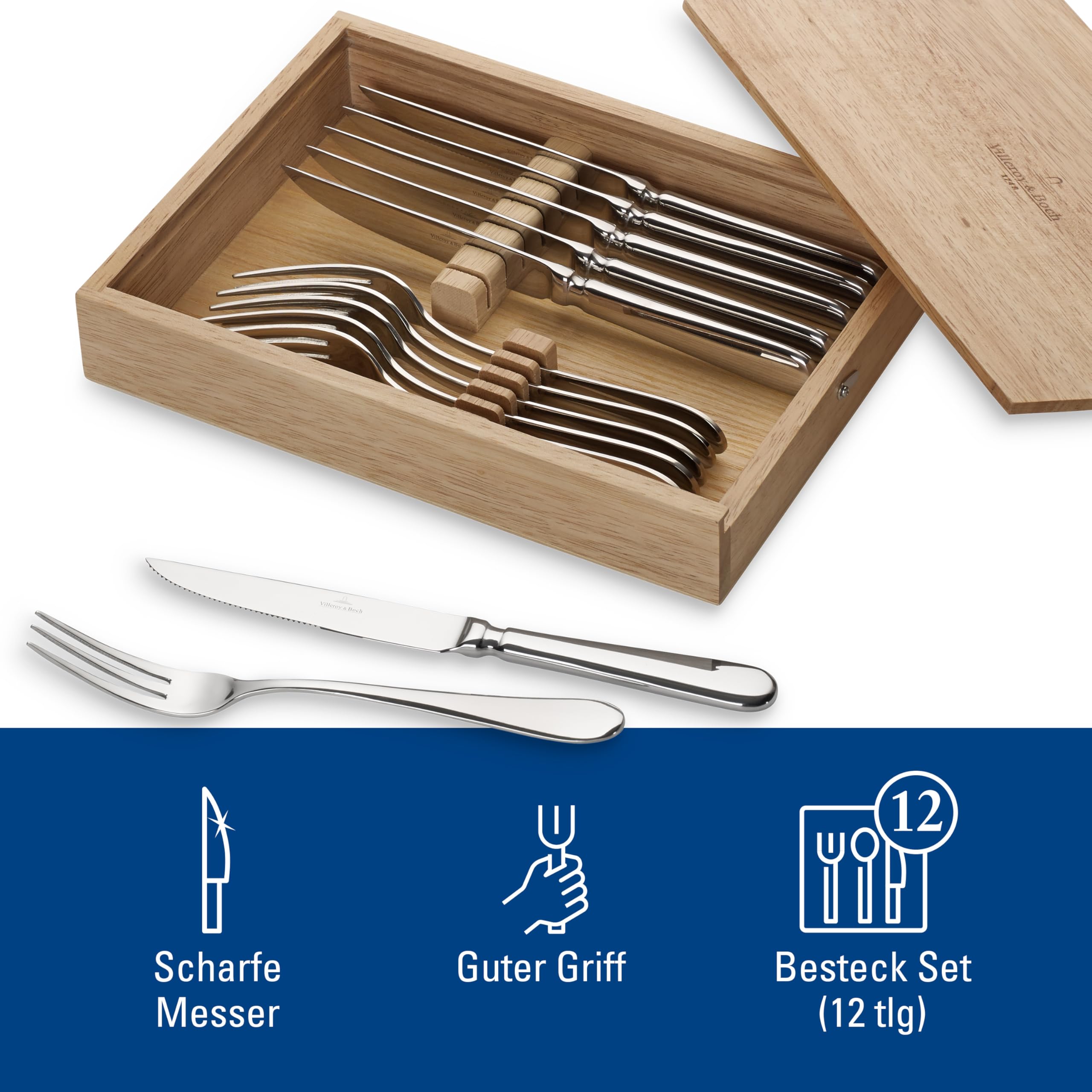 Villeroy & Boch - posate per bistecca Oscar, set posate da 12 in acciaio inox per 6 persone lavabile in lavastoviglie 28.5 x 20 x 5 cm