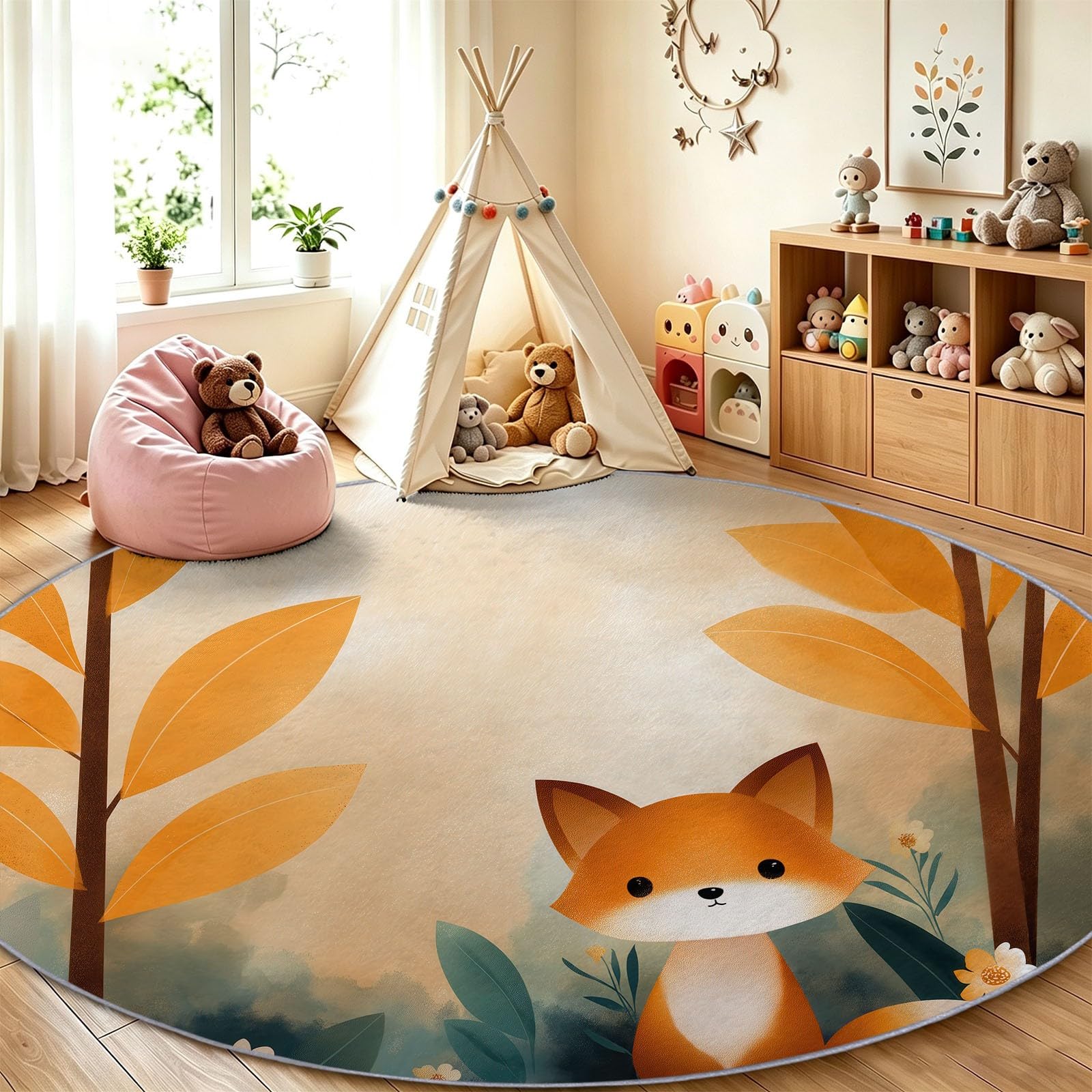 Tappeto rotondo per soggiorno e camera da letto, morbido e grazioso tappeto stampato con foresta di volpi, antiscivolo, lavabile, per comodino, cucina, decorazione per la casa, 1 pezzo (60 cm