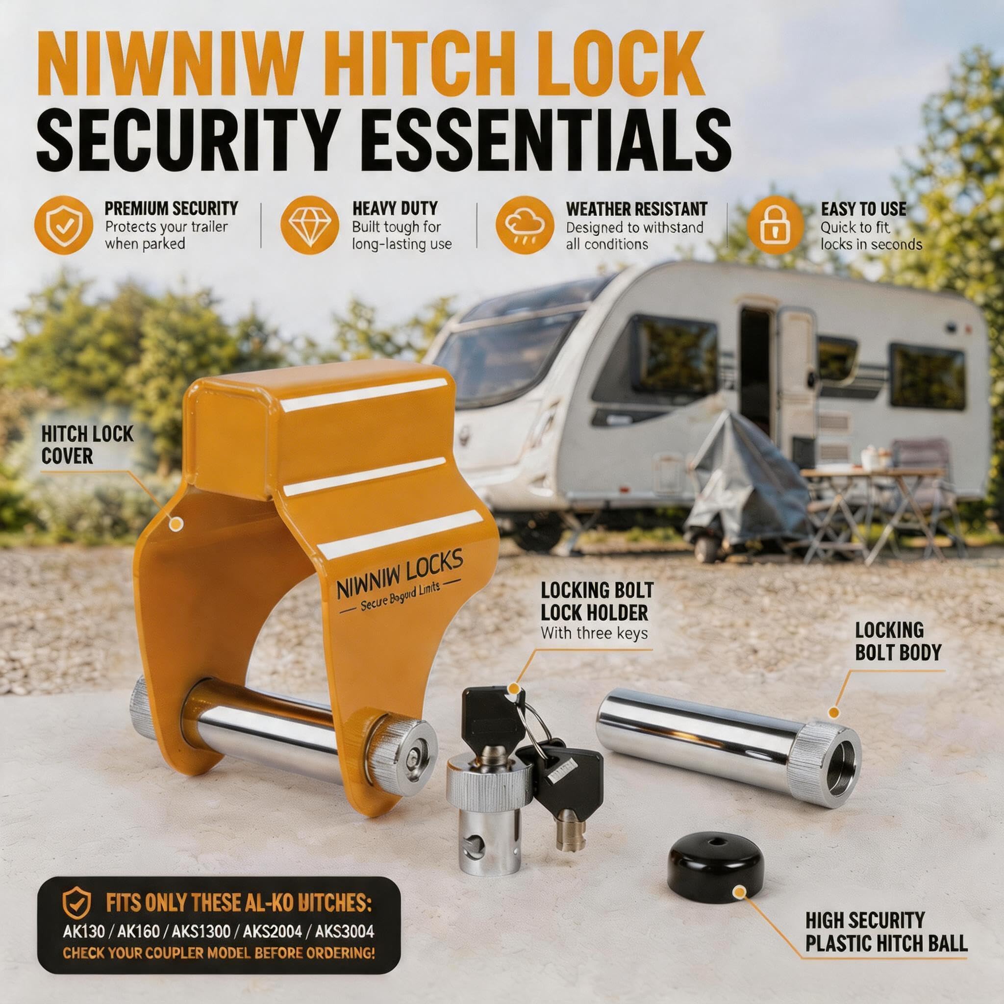 NiwNiw Lucchetto antifurto per caravan ad alta sicurezza per ALKO AKS1300/2004/3004 e AK130/160, protezione per gancio di traino con acciaio rinforzato