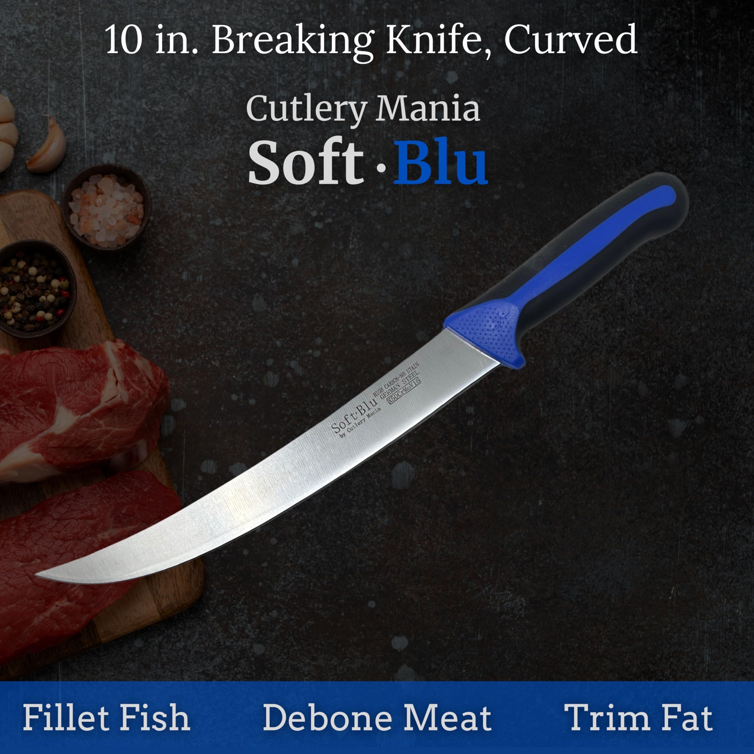 Cutlery Mania SoftBlu Kitchen Knife | German X50CrMoV15 Stainless Steel | Non-Slip Soft Grip Handle | For Home & Professional Use (10 inch Breaking Knife, Curved)
