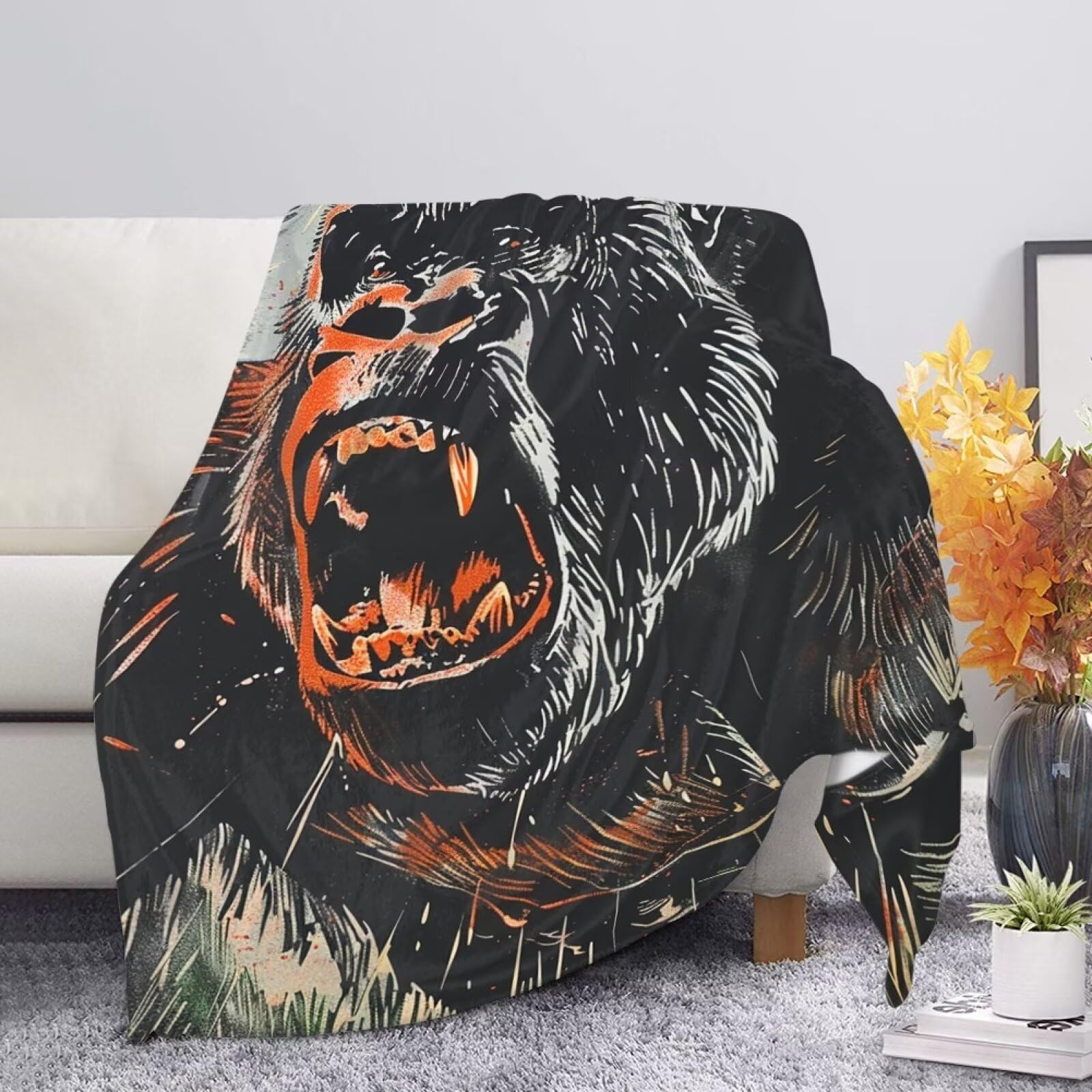 Allcute Cool Roaring Gorilla Throw Blanket for Couch Bed Cozy Black Soft Blankets for Women Spring Winter Fall Sofa Blanket Home Decor