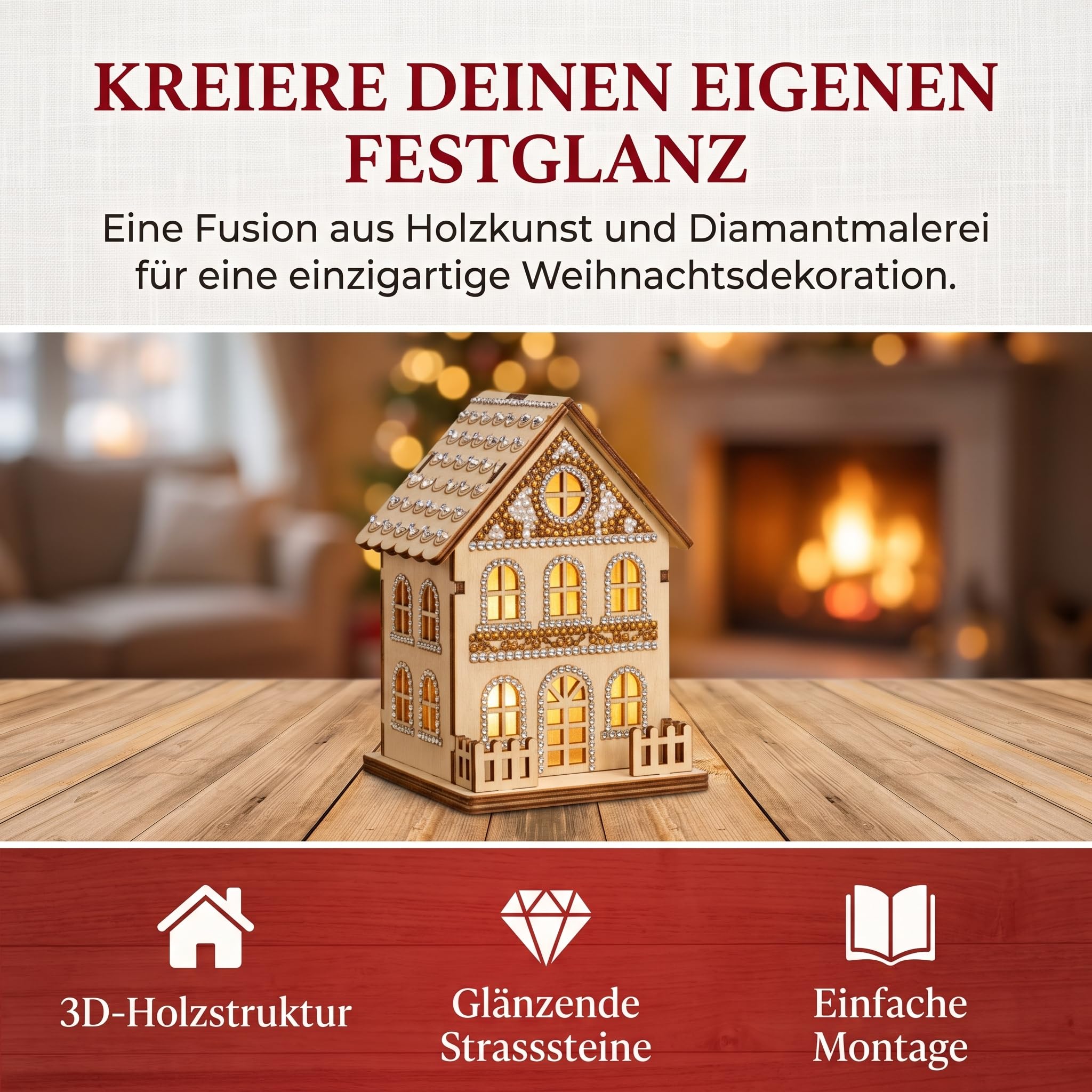 DIY Diamond Painting Weihnachten 3D Holzhaus Perlenkunst Bastelset，6