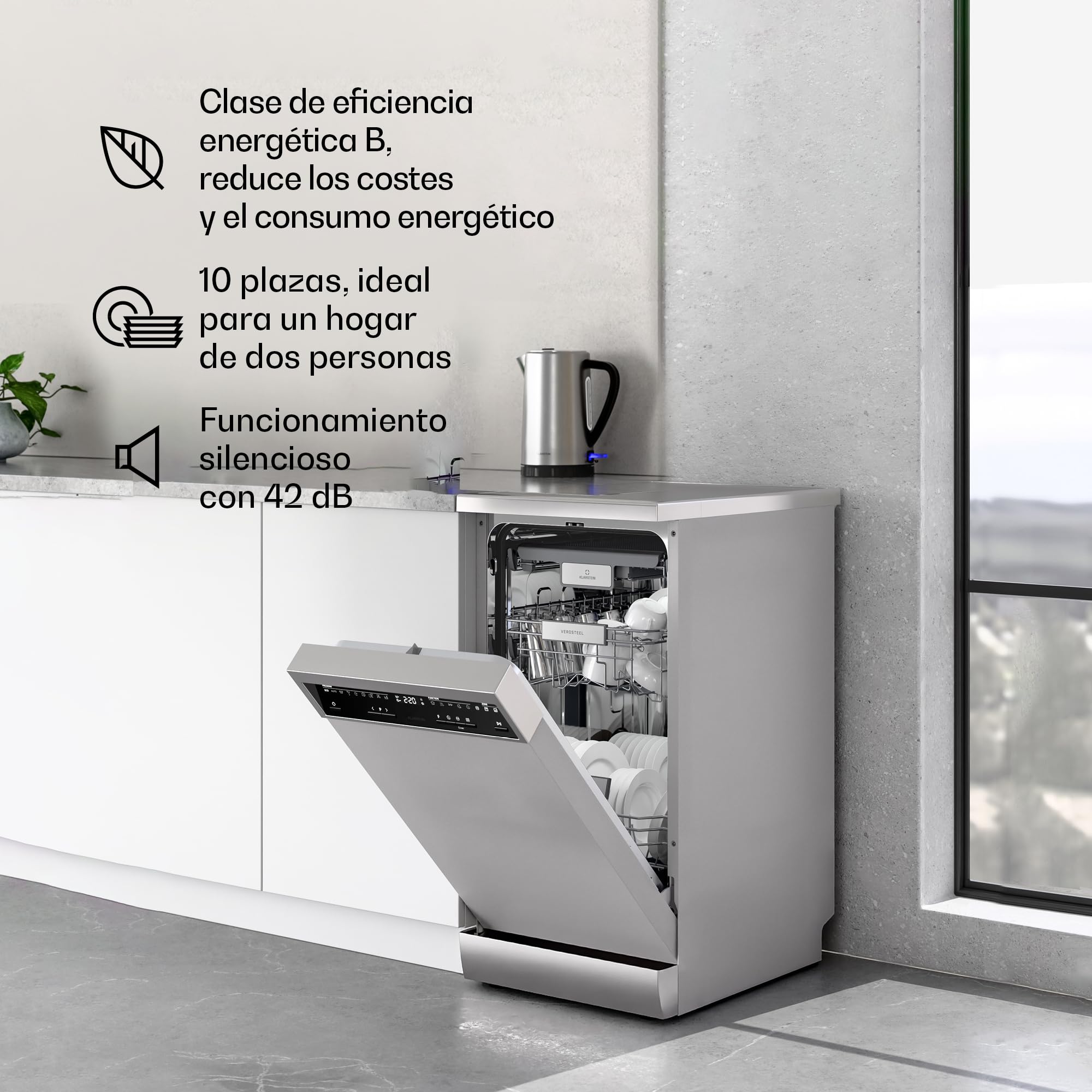 Klarstein Verosteel Lavavajillas 45cm Independiente - 10 Cubiertos, 9 Programas, 42 dB, Clase B, Plata, AquaStop & Bloqueo Infantil, Lavavajillas Compacto
