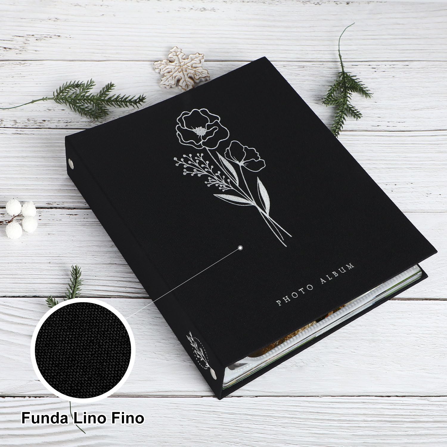 Lanpn Álbum de fotos de A5 50 fotos, Pequeño Funda de lino Album de fotos vertical bolsillos Negro - 4