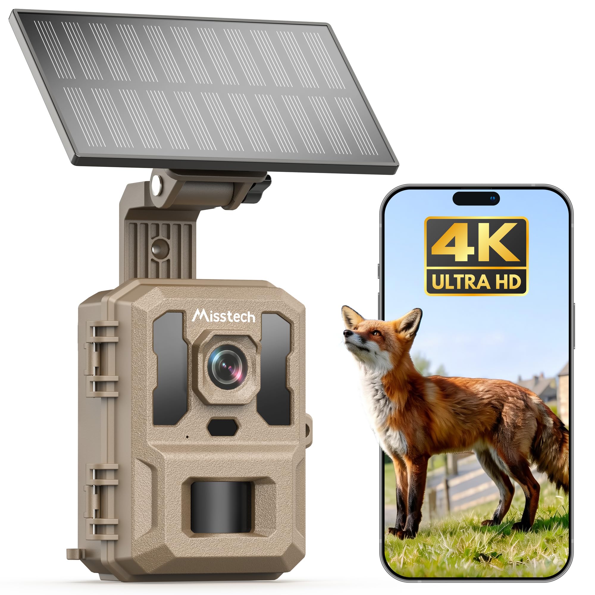 Misstech Cámara solar 4K UHD para observación de la vida silvestre y la naturaleza, disparador de movimiento de 0,1 s para animales rápidos, visión nocturna clara de 64 MP/4K, pin de tarjeta, control