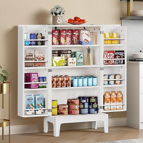 DWVO Armario de despensa de cocina de 43 pulgadas, aparador independiente blanco con estantes de puerta, armario de almacenamiento de despensa de