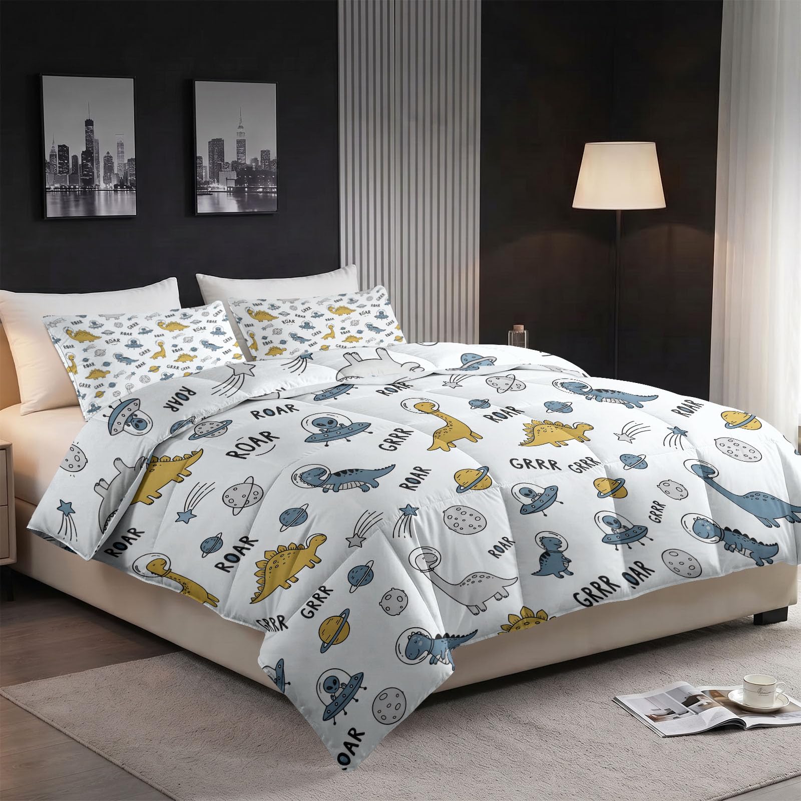 Poszewka na kołdrę 155 x 220 cm – kremowa dwustronna hipoalergiczna kołdra na wszystkie pory roku, minimalistyczny astronauta kosmos zwierzę dinozaur lekka pikowana, miękka ciepła kołdra puchowa z
