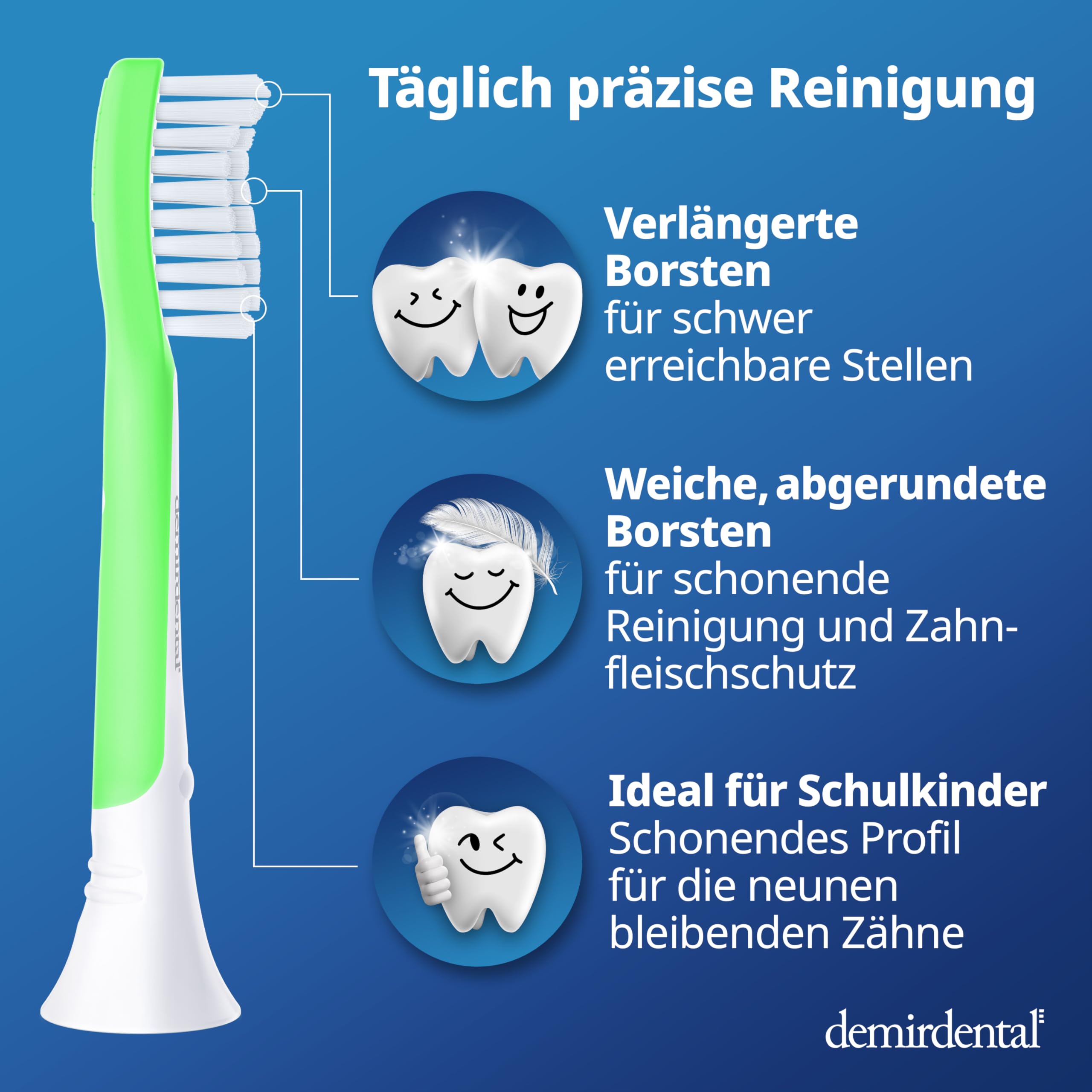 demirdental Wymienne szczoteczki dla dzieci, pasują do Philips Sonicare Kids, szczoteczki do zębów dla dzieci, szczoteczki do zębów dla dzieci od 7 lat, odpowiada HX6048, zielone, zestaw 8 sztuk