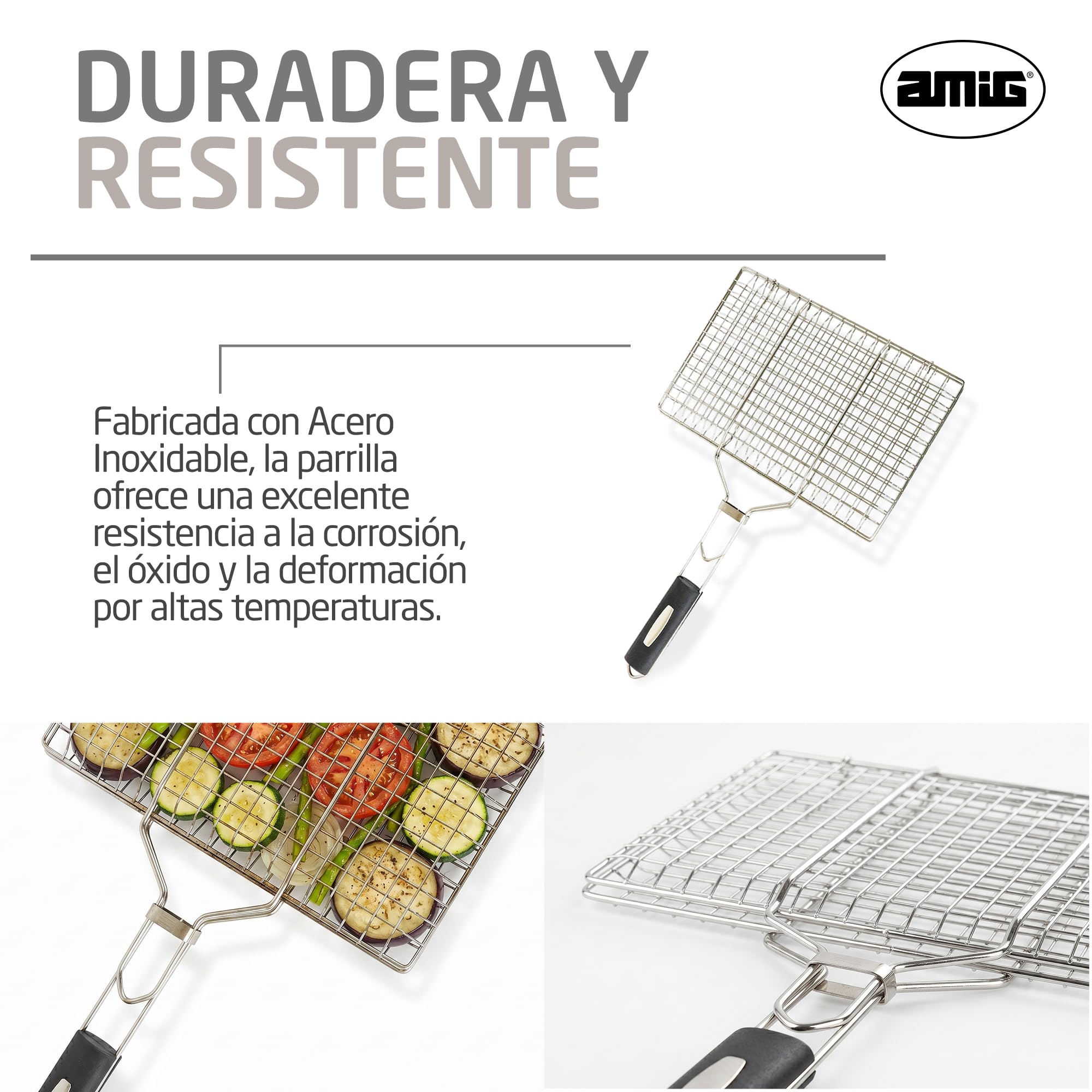 Amig - Griglia Doppia per Barbecue - 50 x 32 cm - Acciaio Inossidabile - Griglia BBQ per Carne e Verdure - MOD. AM34