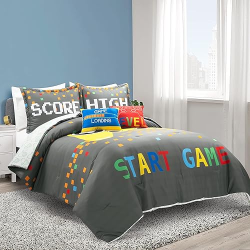 Lush Decor Juego de edredón reversible de 5 piezas de videojuegos, tamaño matrimonialqueen, gris y amarillo